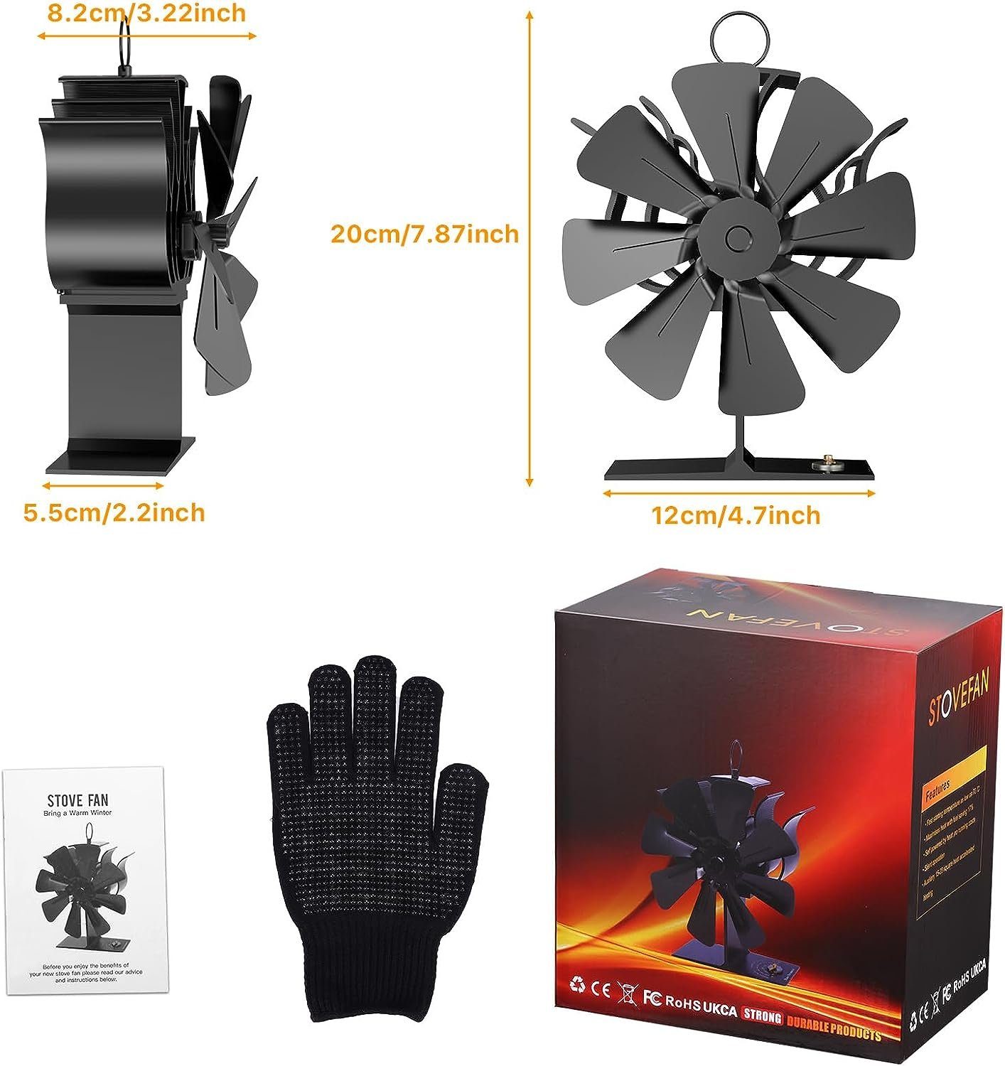 BlingBin Kaminventilator Leiser Stove Fan Wärmebetriebener Ventilator 8 Flügel, Mit Integriertes Thermometer und Isolierhandschuhe