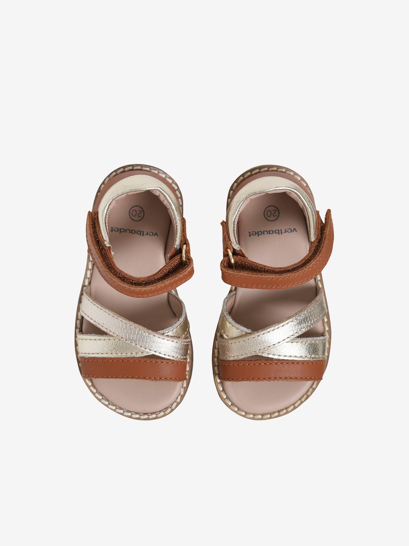 Sandales scratchées en cuir bébé cognac