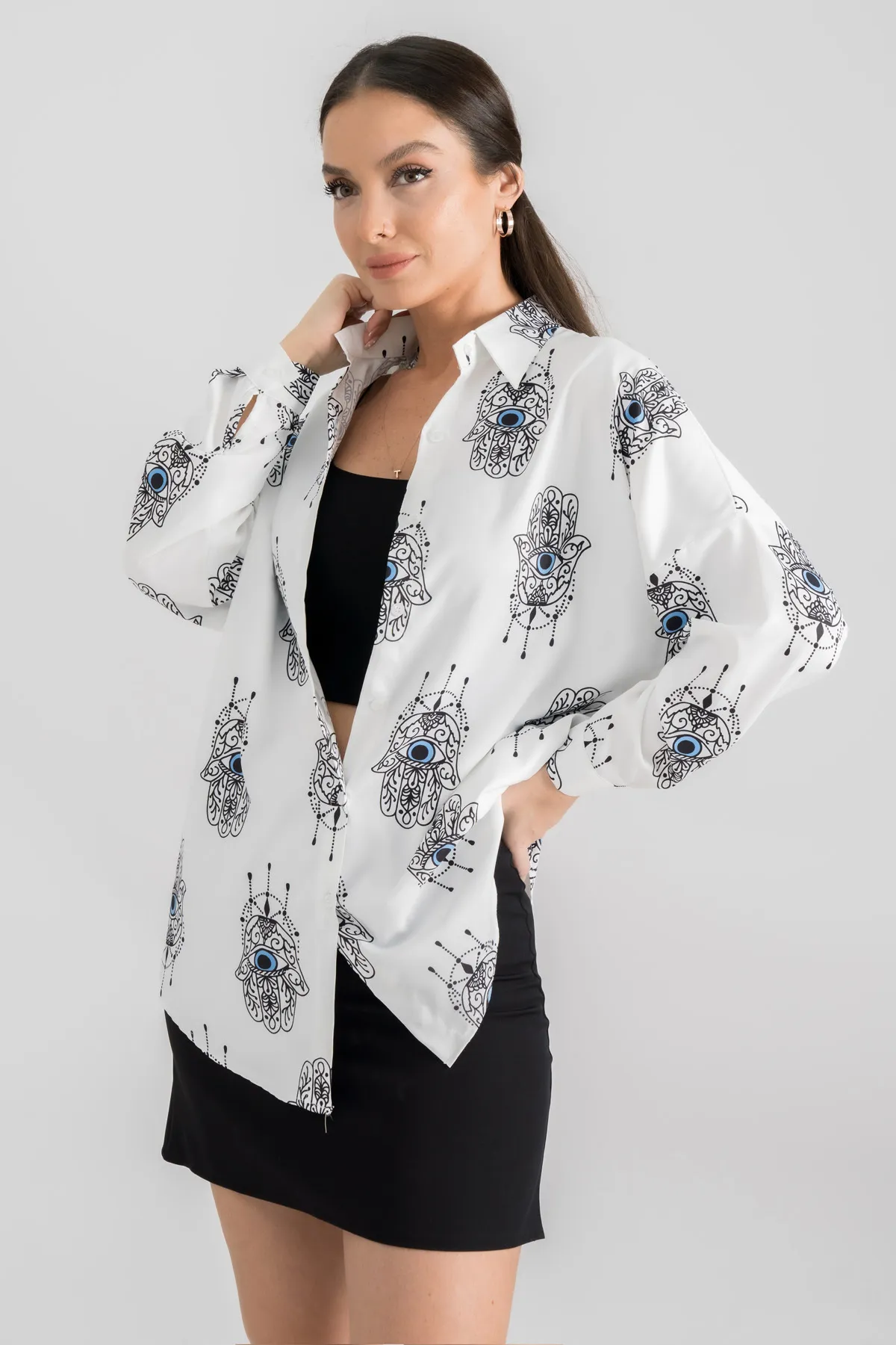 armonika  Hellblaues gemustertes Oversize Long Basic Shirt für Damen ARM-22Y001148