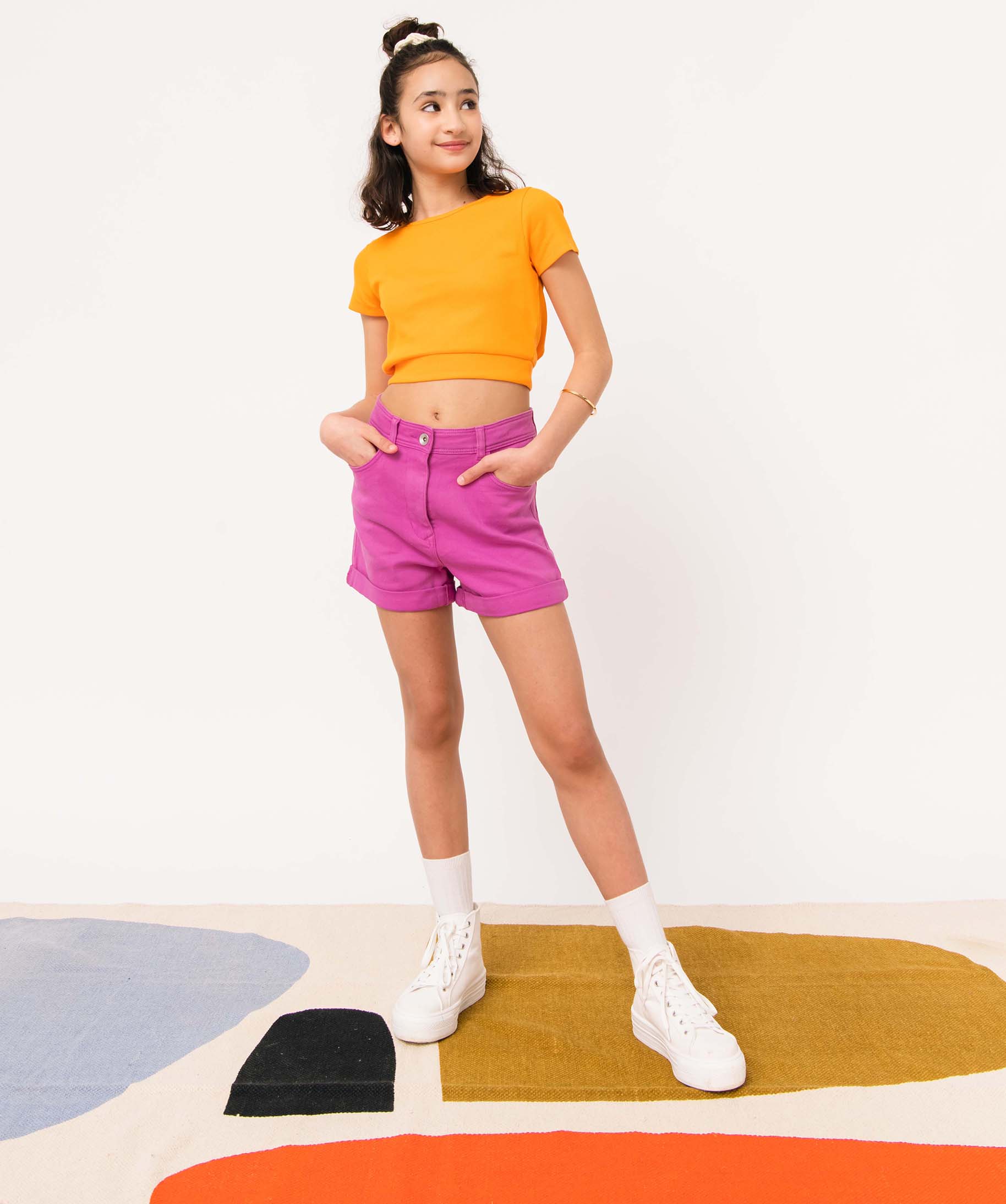 Short fille en toile denim avec revers violet | GEMO
