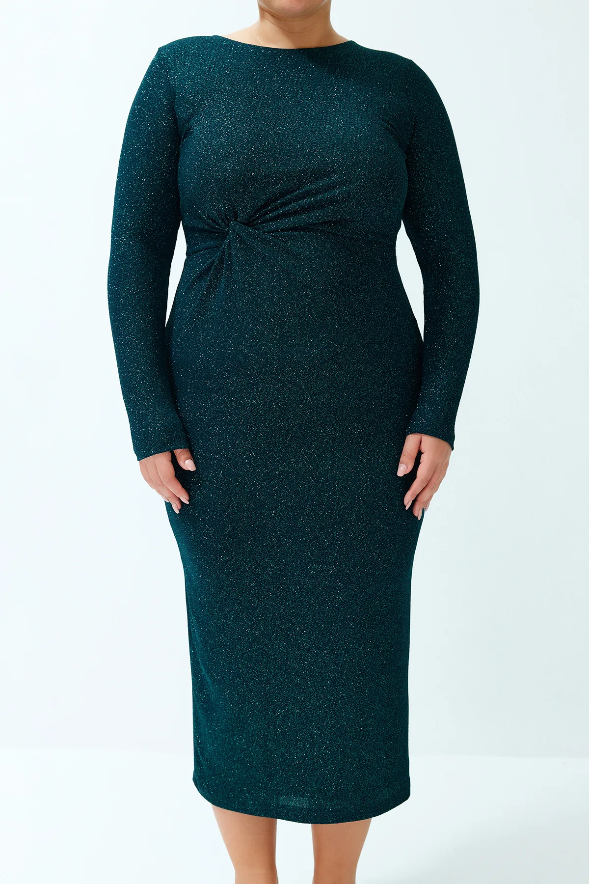 Trendyol Curve  Smaragdgrünes Midi-Glitzer-Strickkleid TBSSS24AH00149