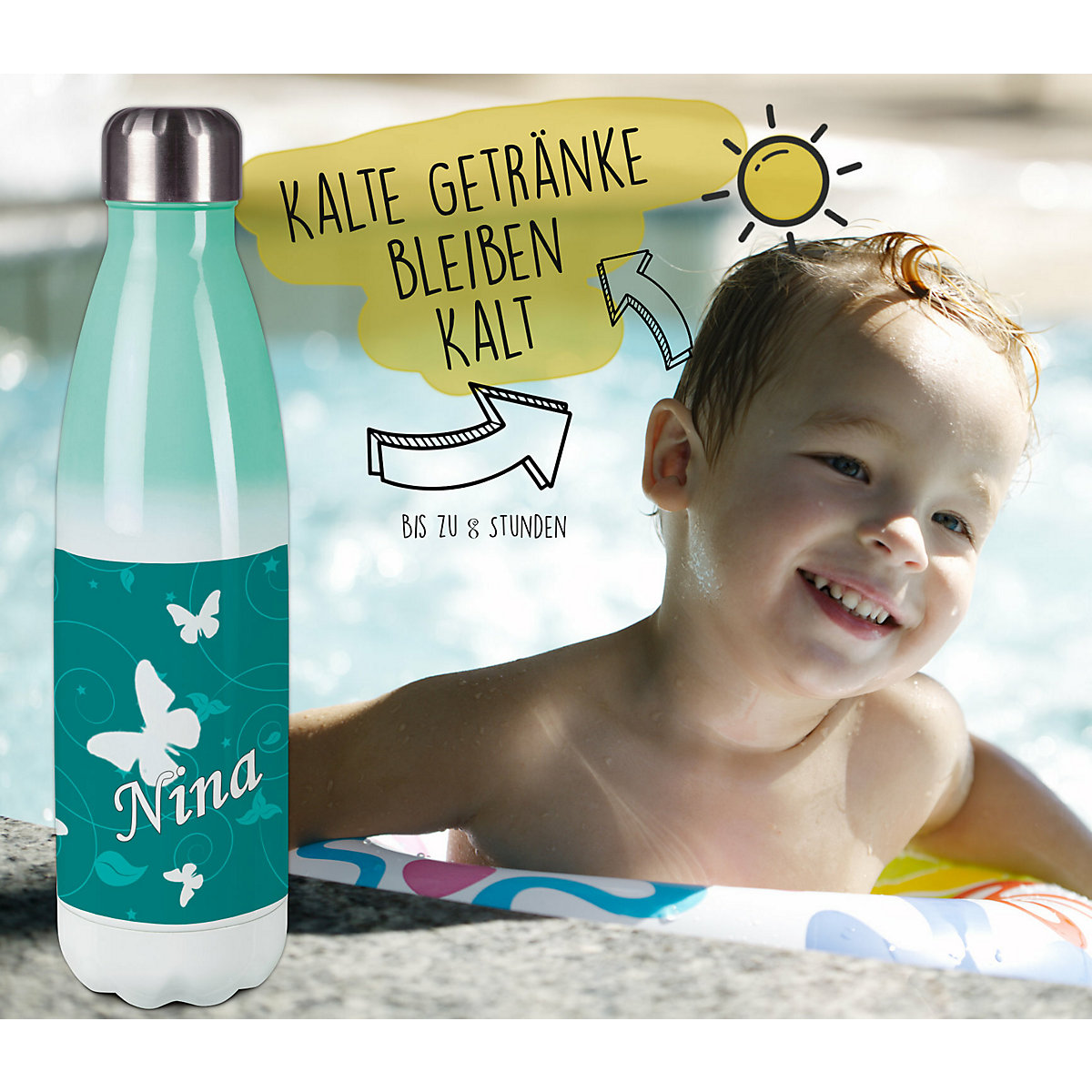 Edelstahl Kinder Thermoflasche / Trinkflasche bunt Schmetterling Ornamente Farbe petrol Spülmaschinenfest, Auslaufsicher, Bruchfest, Doppelwandig, Für Heißgetränke geeignet, Mit Deckel, Isoliert