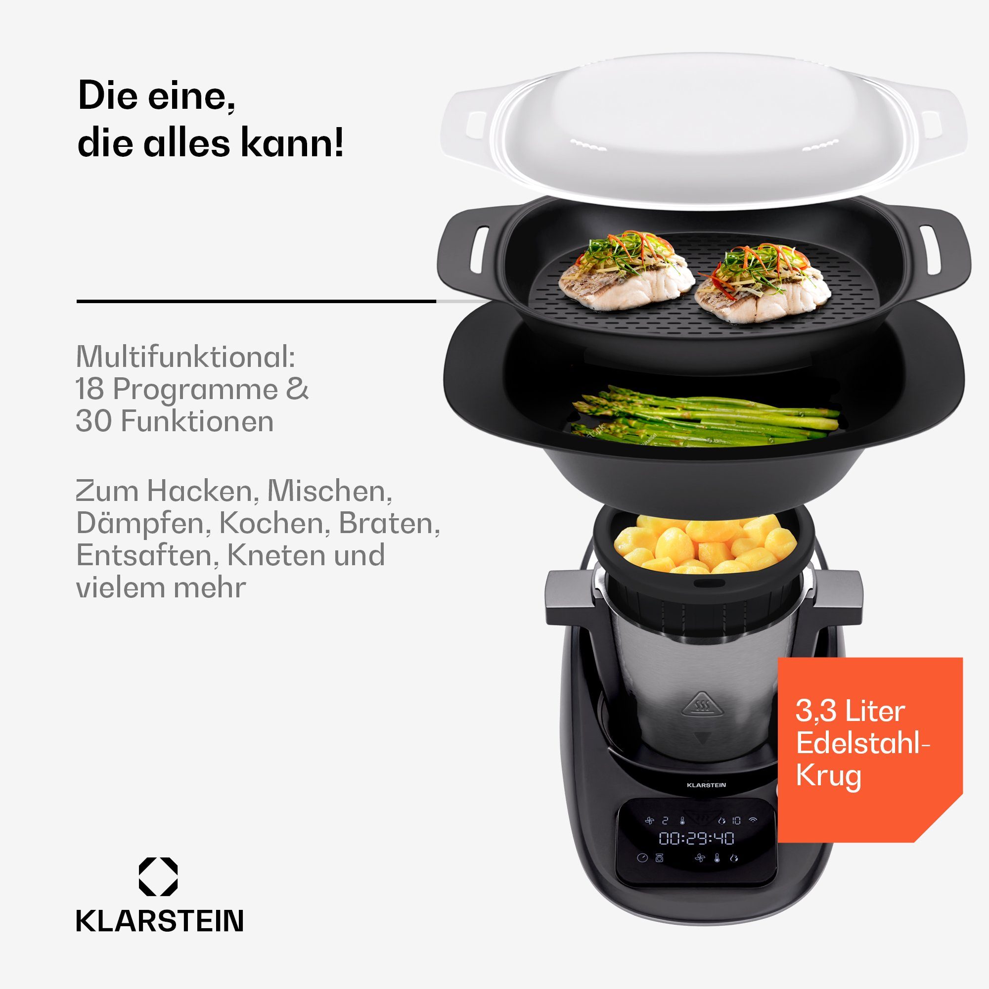 Klarstein Küchenmaschine mit Kochfunktion Aria Smart, 1700 W, 3.3 l Schüssel, Dämpfaufsatz Waage 3,3 L Edelstahl Touch App