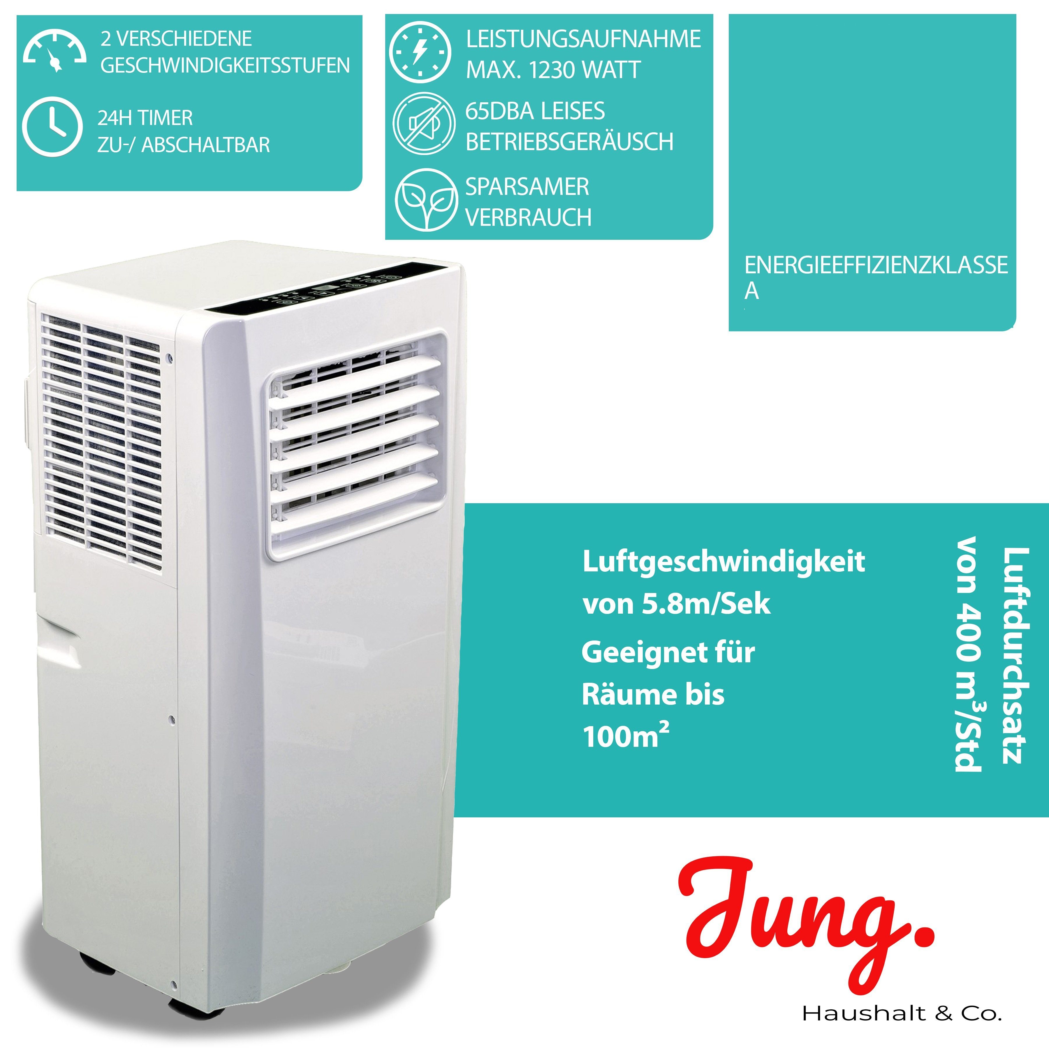 JUNG 3-in-1-Klimagerät TV05 mobile Klimaanlage mit Fernbedienung 3,2 KW, mobiles Klimagerät, 11000BTU leise, Abluftschlauch, Timer Airconditioner Luftkühler Mobil