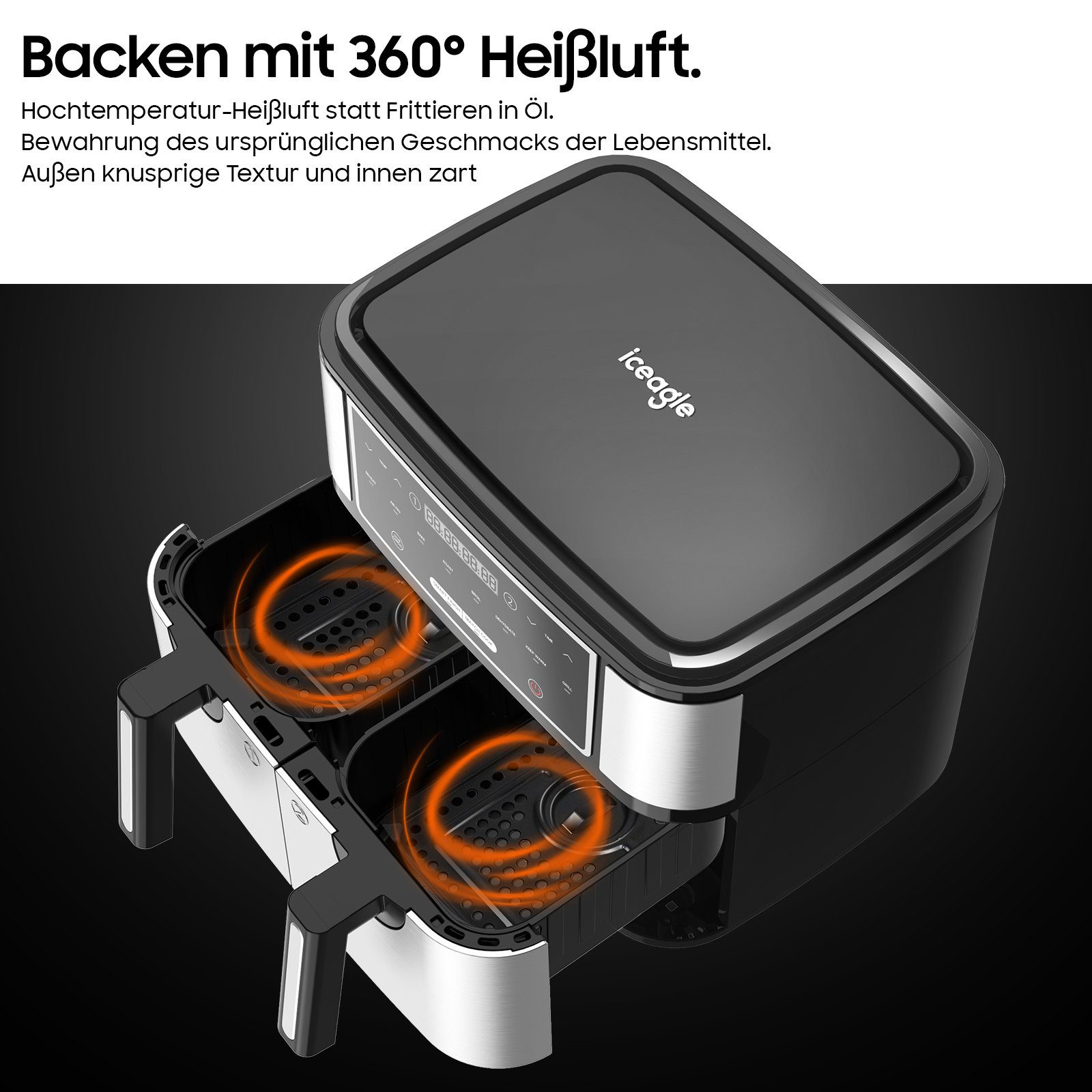 iceagle Heißluftfritteuse Heißluftfritteuse 9L mit 2 Frittierfächern, Air Fryer, 2600,00 W, 4.5L+4.5L, Ohne Öl Fritteuse Heizluft LED-Touchscreen Edelstahl