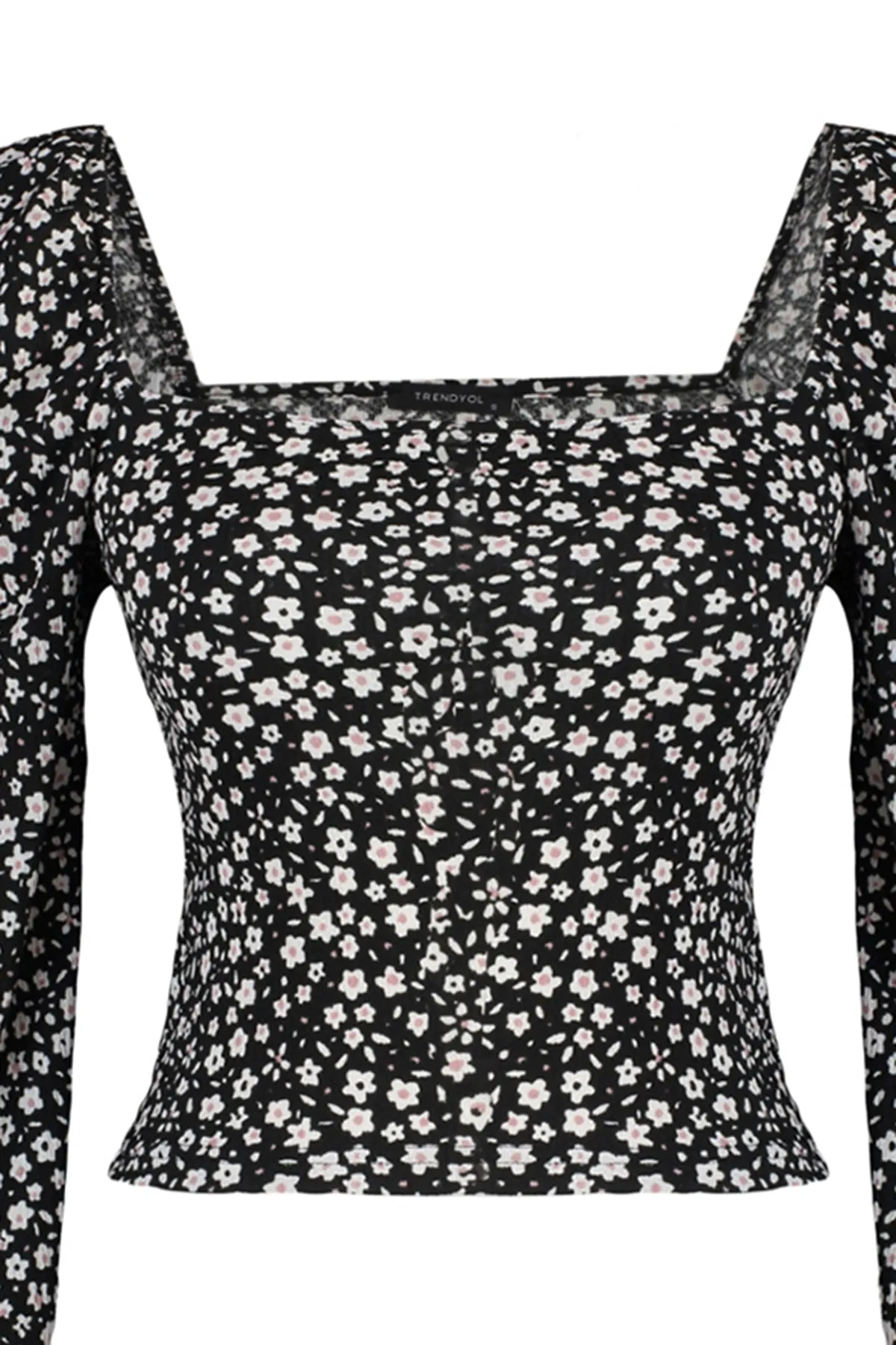 Trendyol Collection  Schwarzer, figurbetonter Pullover mit quadratischem Ausschnitt und strukturierter Strickbluse mit Blumenmuster TWOAW22BZ0254