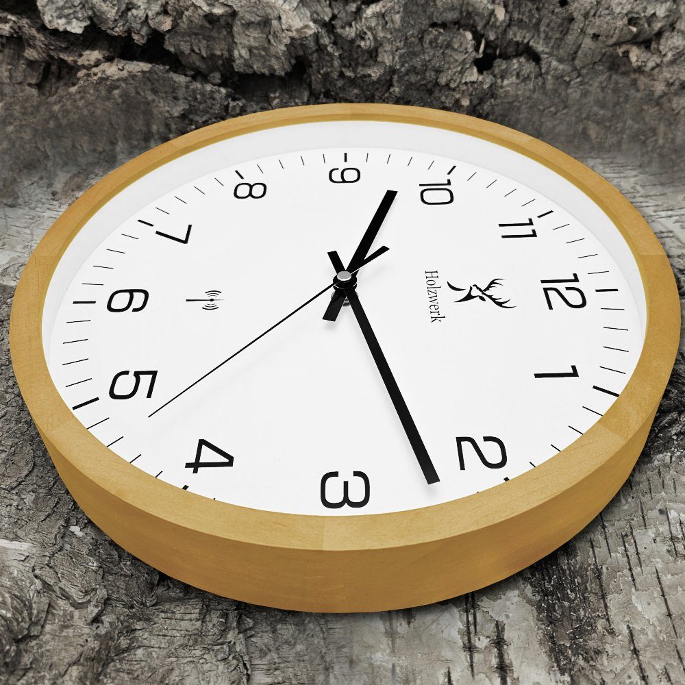 Holzwerk Funkwanduhr ARNSBURG Designer Funk Holz Wand Uhr, beige, weiß (lautlos ohne Tickgeräusche, 30 cm)