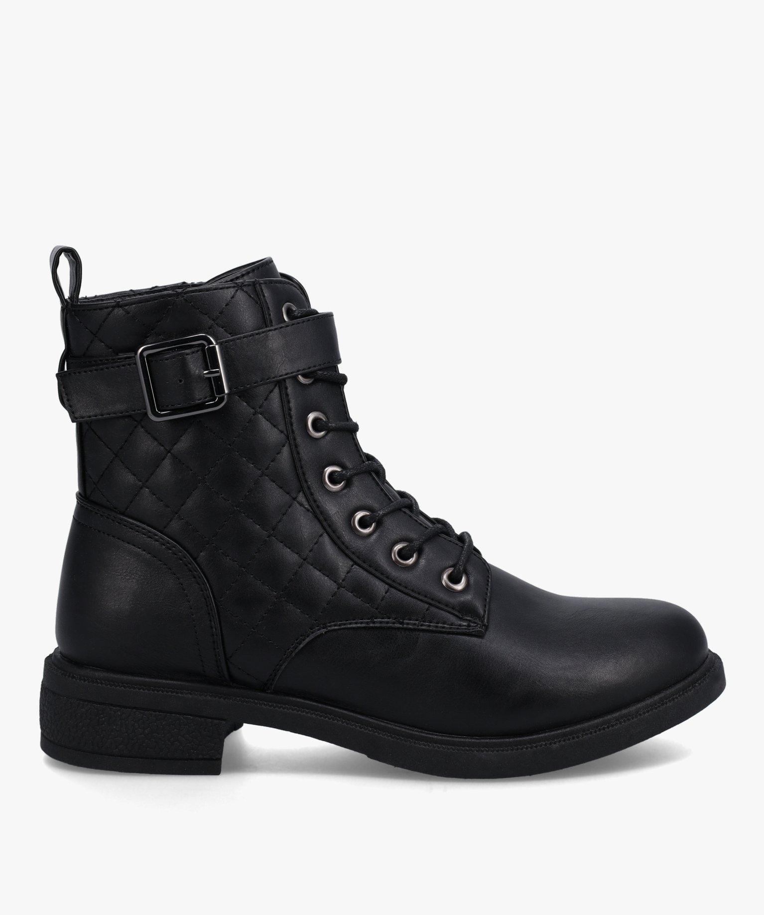 Boots femme matelassées à talon plat style rangers noir | GEMO
