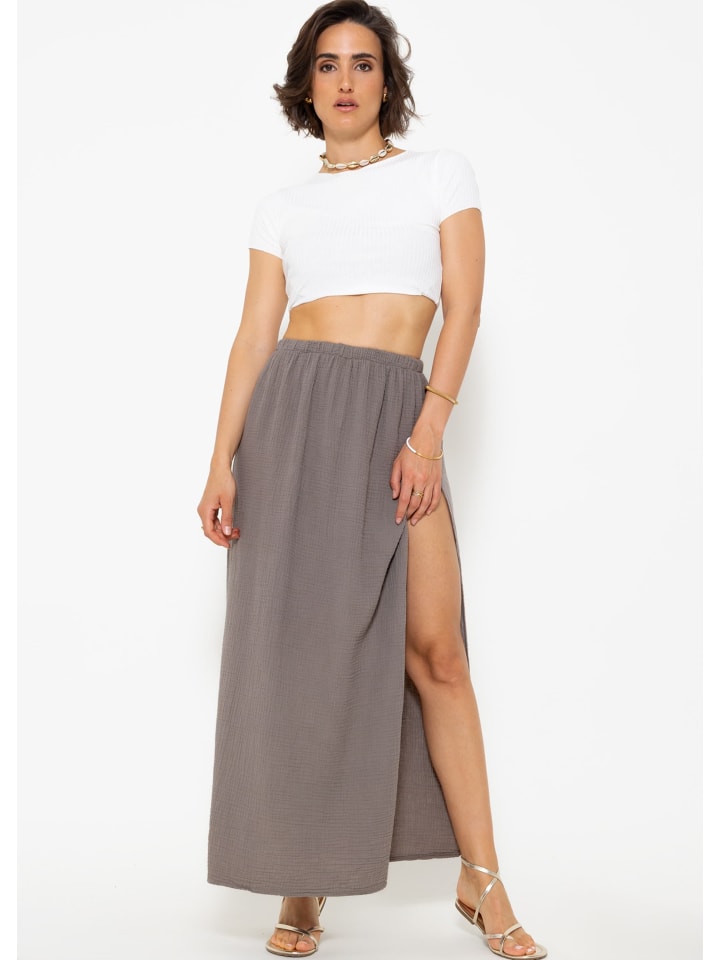 SASSYCLASSY Langer Musselin Rock mit hohen Schlitz in Braun günstig kaufen