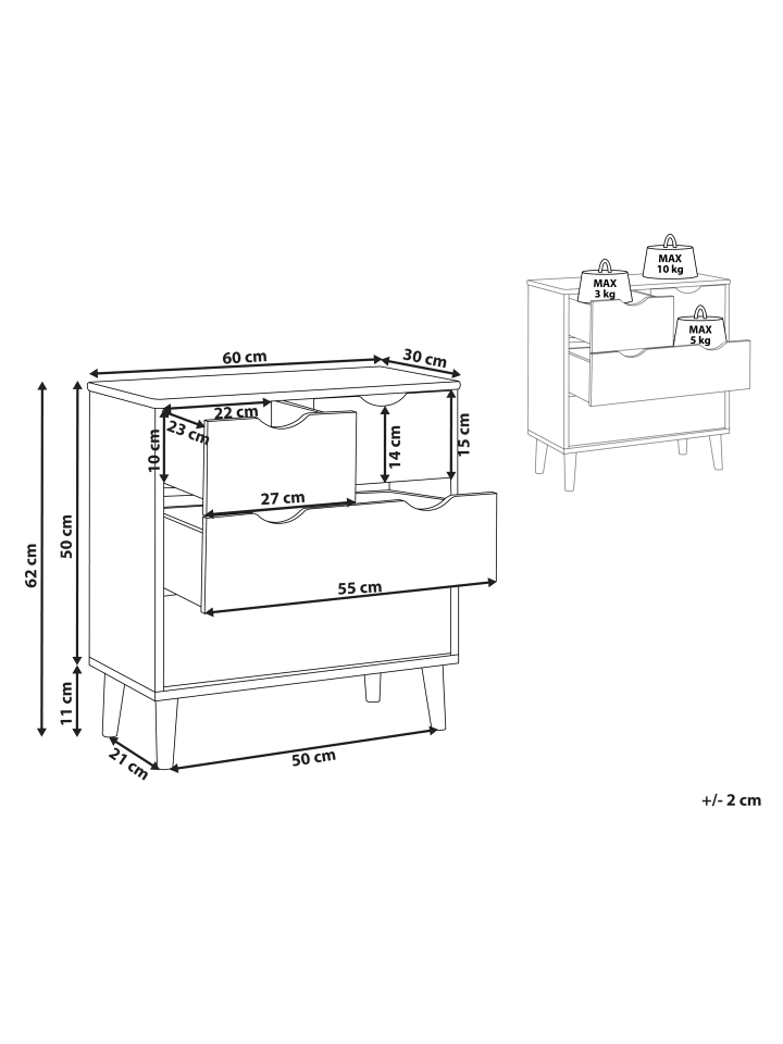Beliani Kommode SIMMIE in Weiß/Heller Holzfarbton - (W) 60 x (H) 62 x (L) 30 cm günstig kaufen onesize