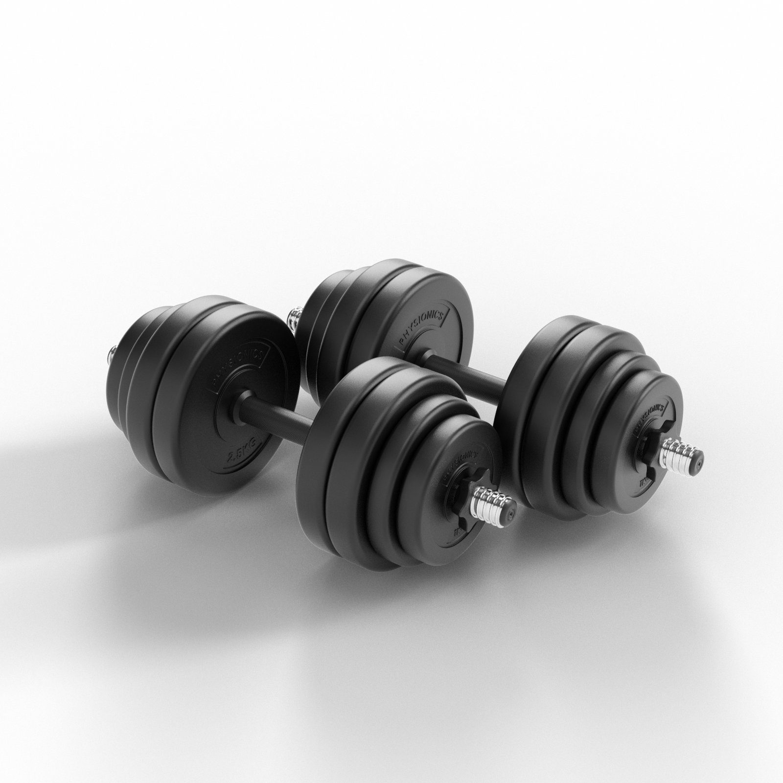 Physionics Hantel-Set Kurzhantel Set 30 kg (2 x 15 kg) - inkl. 16 Gewichte aus Kunststoff, 2 Hantelstangen und 4 Sternverschlüssen aus Plastik, Griff gerändelt aus Kunststoff, Ø 25mm - Hantelstangen, Kurzhanteln