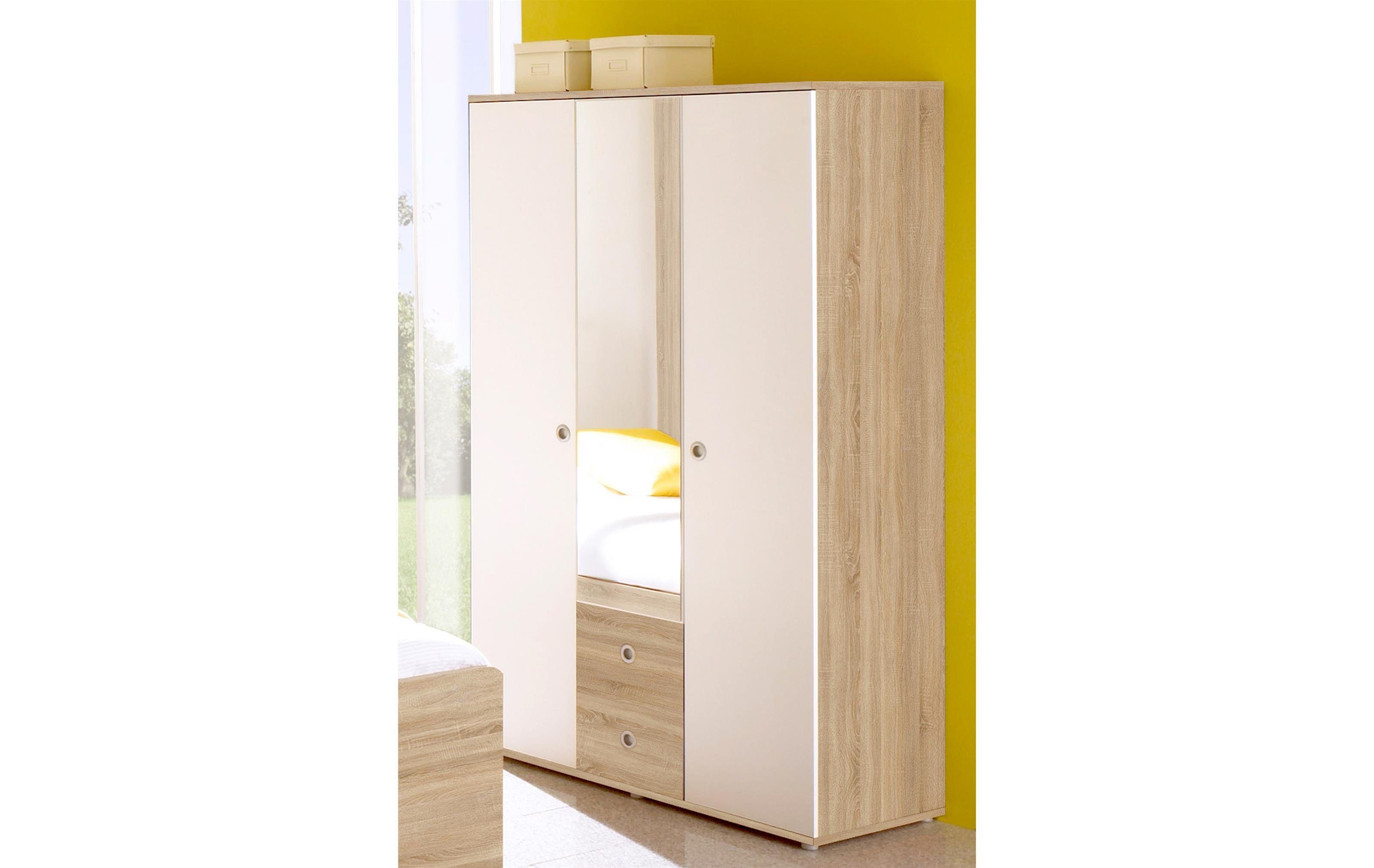 möbelando Jugendzimmer-Set Floris, (4-St), Modernes Jugendzimmer aus Spanplatte in Sonoma-Eiche Nachbildung, Absetzungen in Weiß bestehend aus 1 Schreibtisch, 1 Jugendbett, 1 Regal und 1 Kleiderschrank. Individuelle Stellmöglichkeit