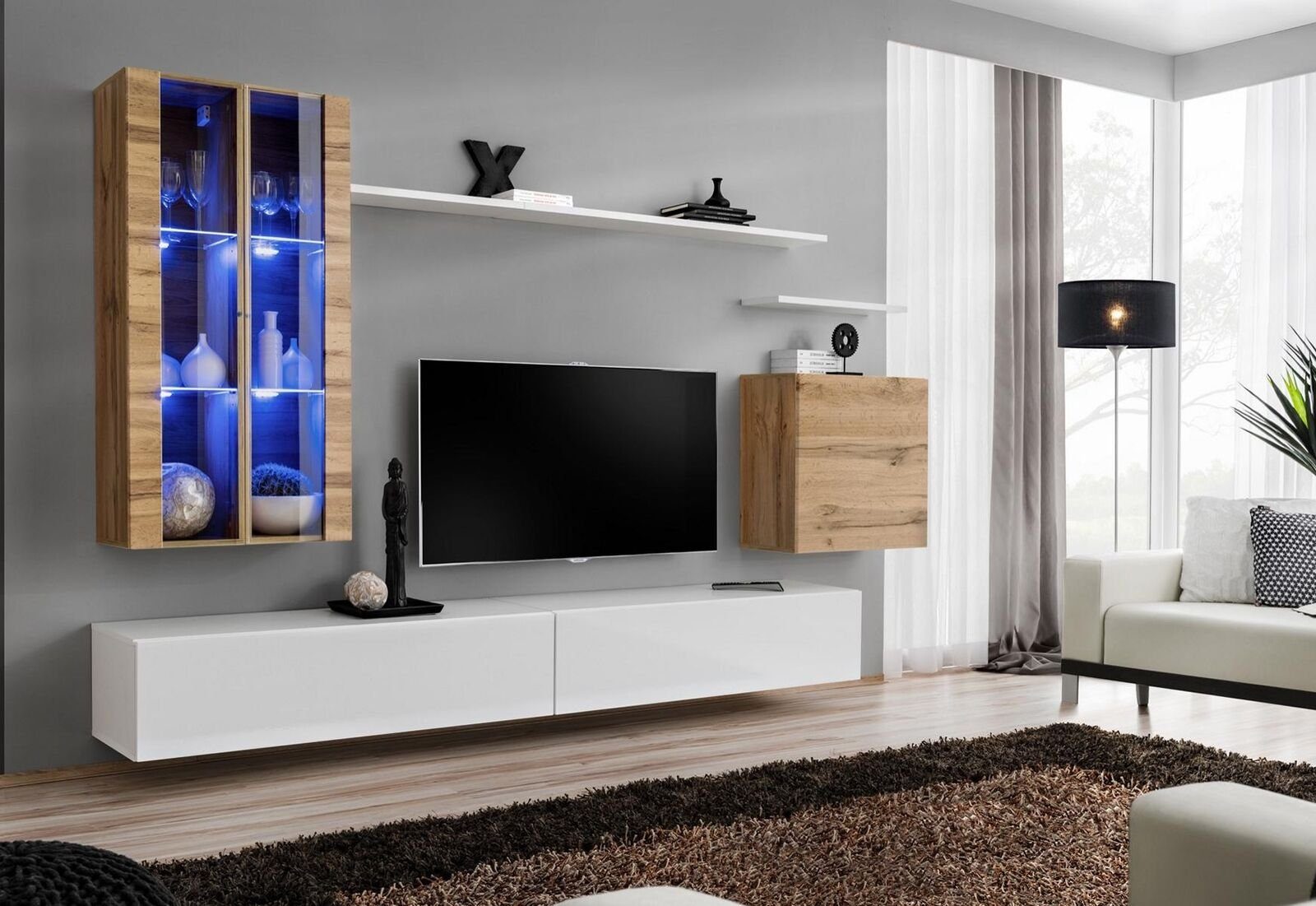 JVmoebel Wohnzimmer-Set Weiß Neu Wohnwand TV-Ständer Wandschrank Holzmöbel Stil Luxus Modern, (8-St., 1x Wohnwand + 2x TV Ständer + 3x Wandschrank + 2x Wandregal), Made in Europa