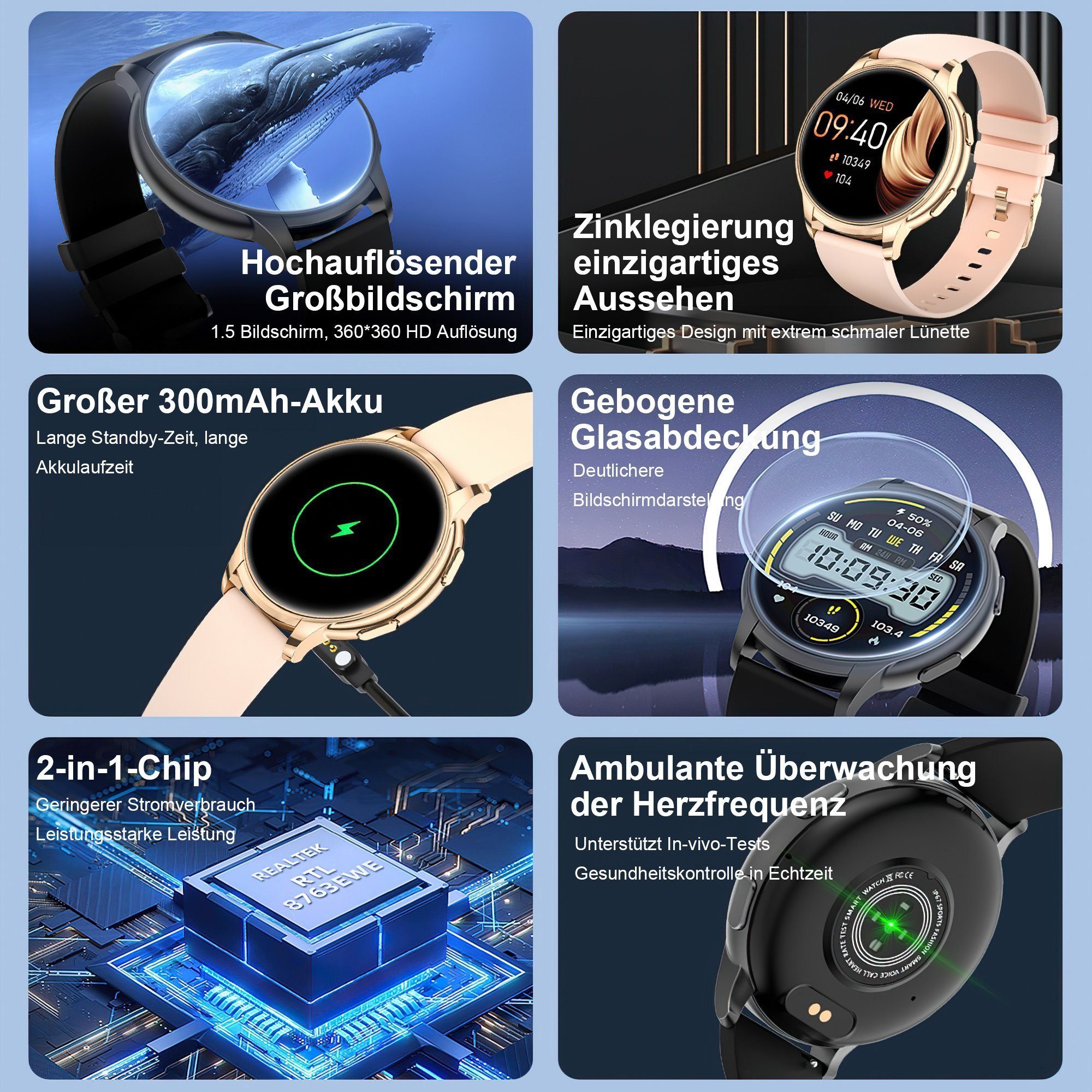 Mutoy Smartwatch Damen Herren Smartwatch, Fitness Tracker Uhr mit Anrufe Smartwatch (Enthält ein Stahlgürtel und ein Silikon Armband, Fitnessuhr mit Telefonfunktion, IP67 Wasserdicht,1.52