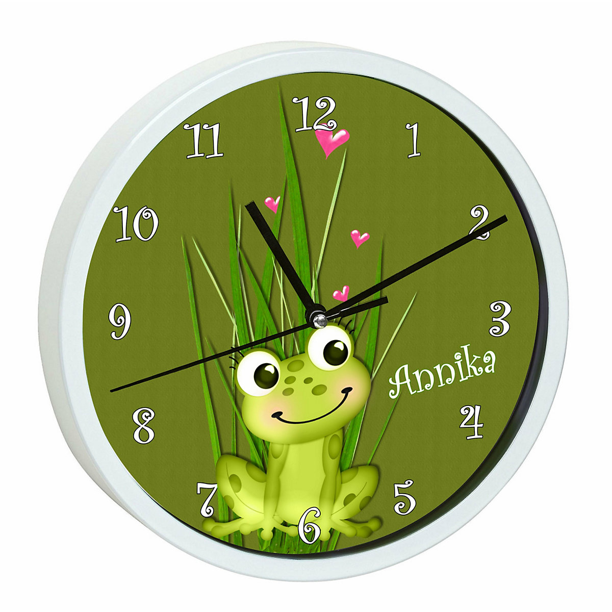 Kinder Wanduhr laufruhig personalisiert mit Name Frosch-Graß