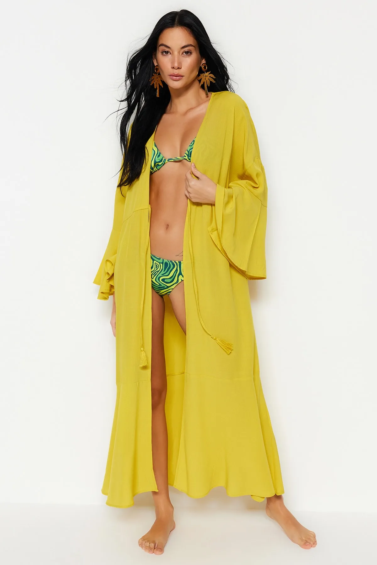 Trendyol Collection  Ölgrüner gewebter Maxi-Kimono und Kaftan mit Raffung TBESS23KM00105