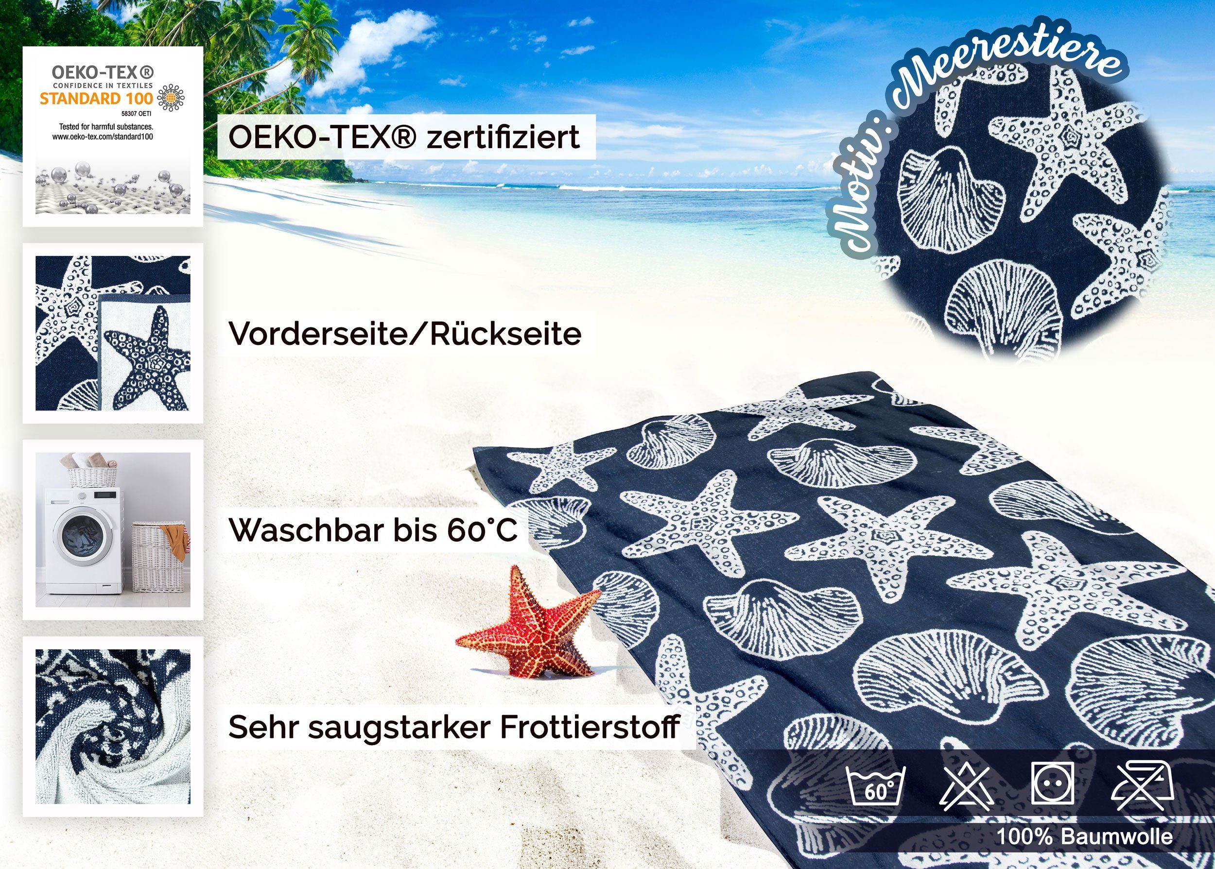 ZOLLNER Strandtuch, Glattvelours (1-St), 90 x 180 cm, 100% Baumwolle, mit Meerestier-Design