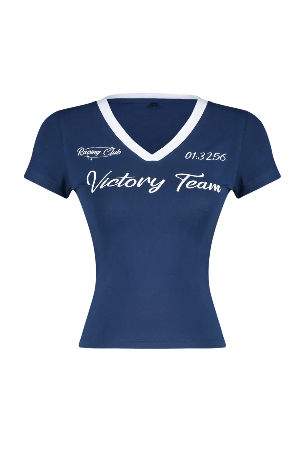 Trendyol Collection  Marineblaues Strick-T-Shirt mit V-Ausschnitt und Slogan-Aufdruck, reguläre/normale Passform TWOSS24TS00162
