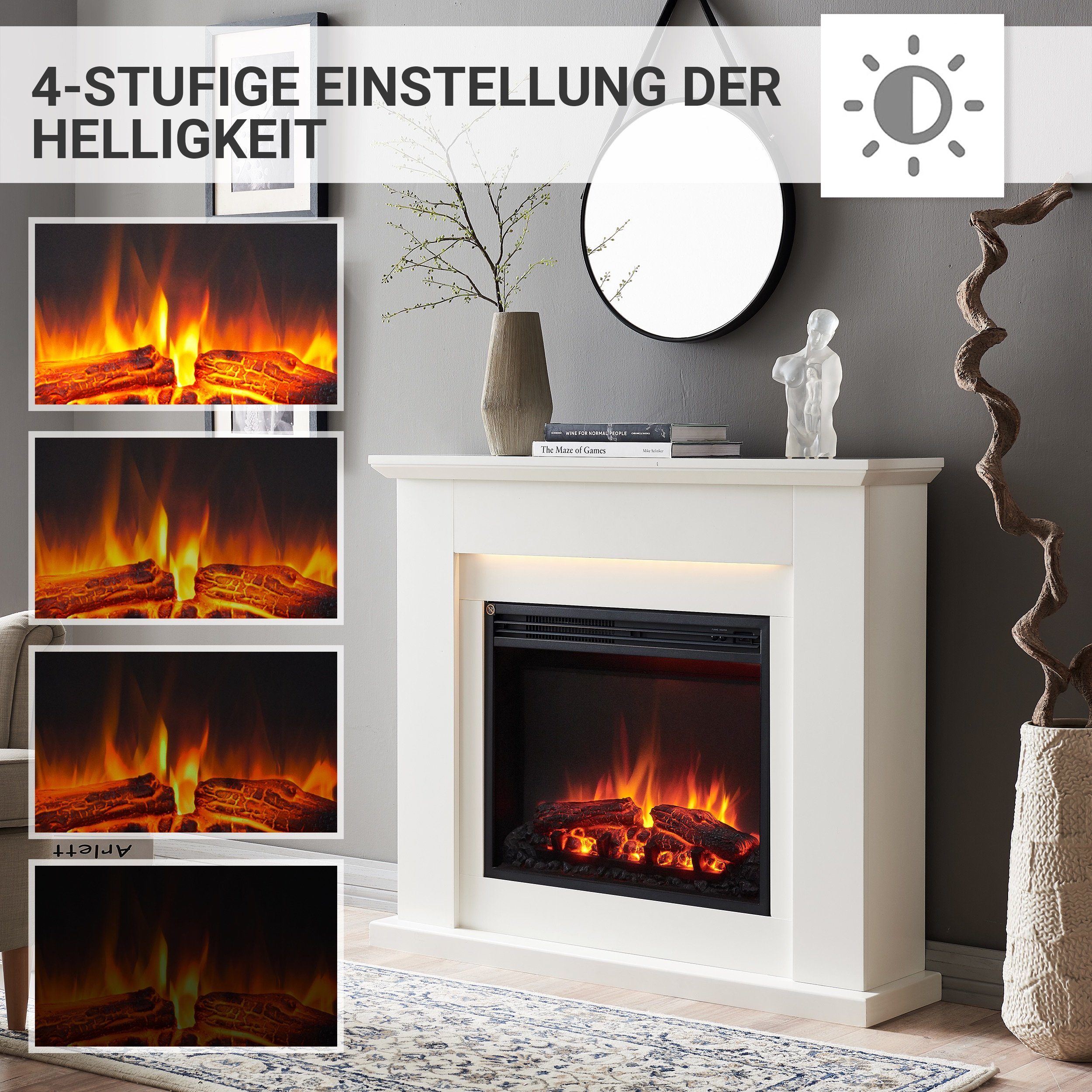 CrownFlame Elektrokamin Hektor, Standkamin mit Heizung 2000W, Heizung, LED-Beleuchtung, 3D-Flammeneffekt & Fernbedienung