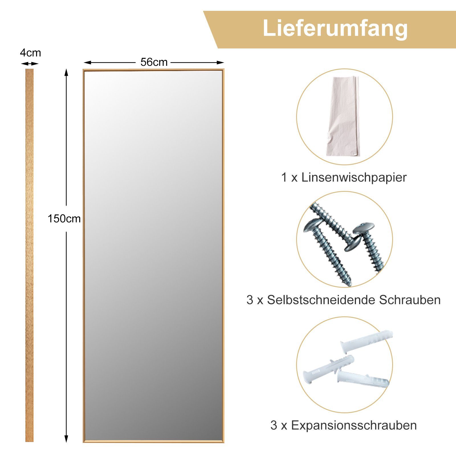 COSTWAY Ganzkörperspiegel, HD, mit Rahmen, 56x150cm, Aufhängen/Anlehnen