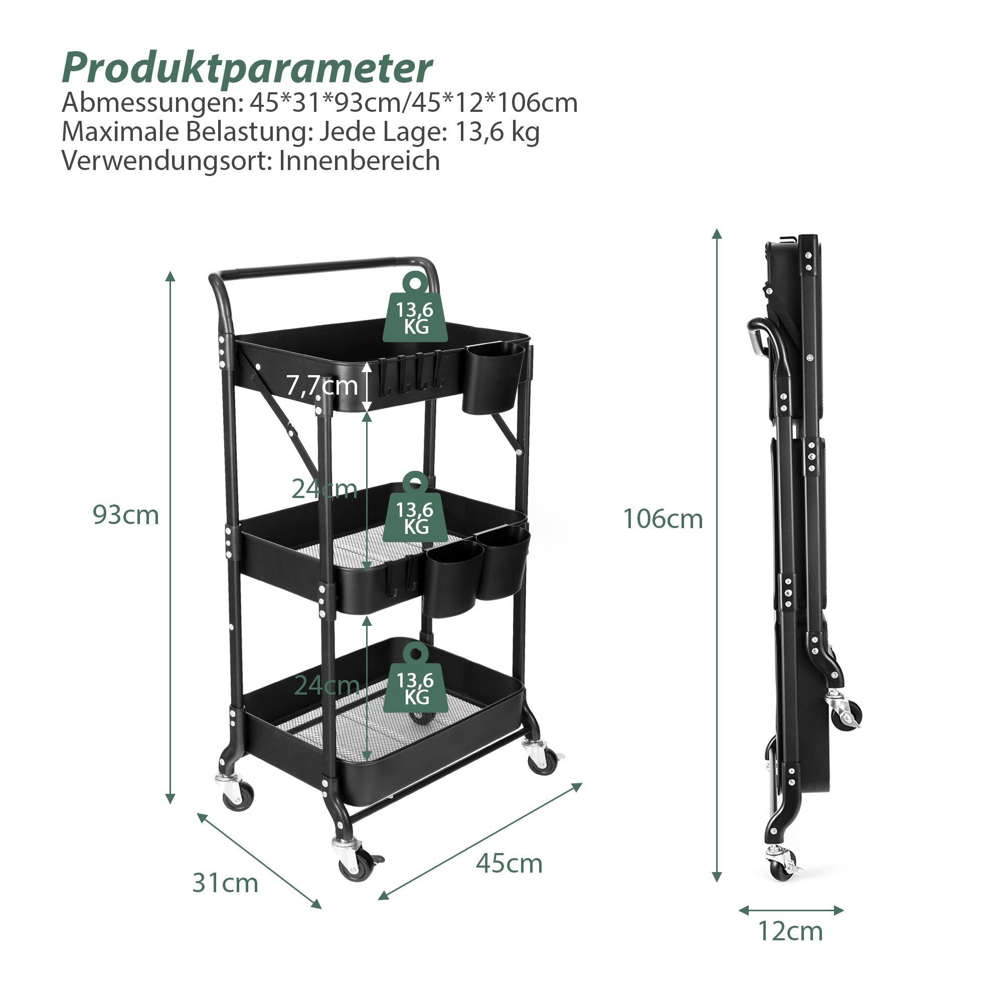 HomeGuru Beistellwagen 3 Etagen, klappbar Servierwagen, Metall-Stauraumwagen, Küchenwagen, (1 St., Packung)