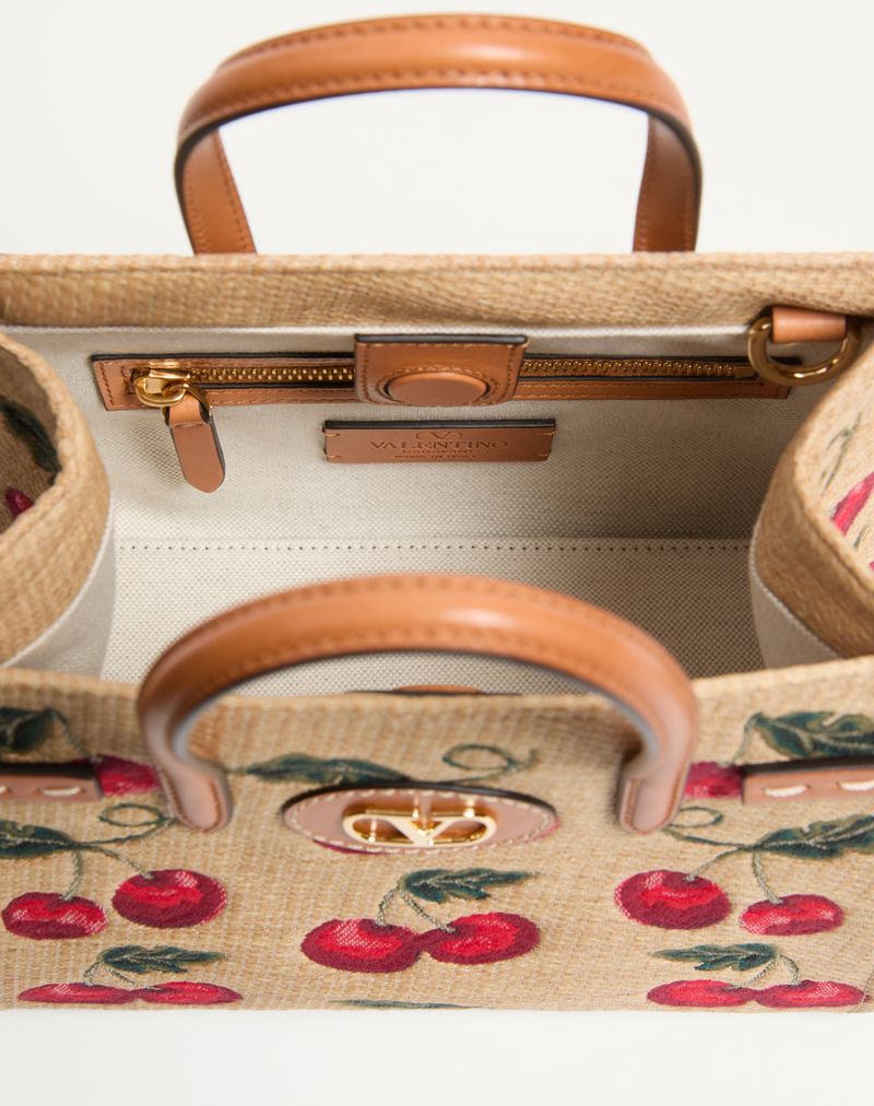 Valentino Garavani Antibes lille jacquard raffia indkøbstaske med kirsebærmotiv