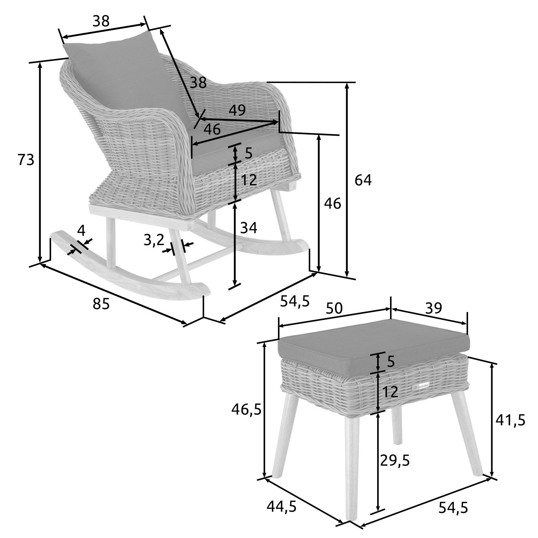 tectake Schaukelstuhl Rattan Schaukelstuhl Rovigo mit Fußbank Vibo (1er, 1 St), Abnehmbare Sitzkissen