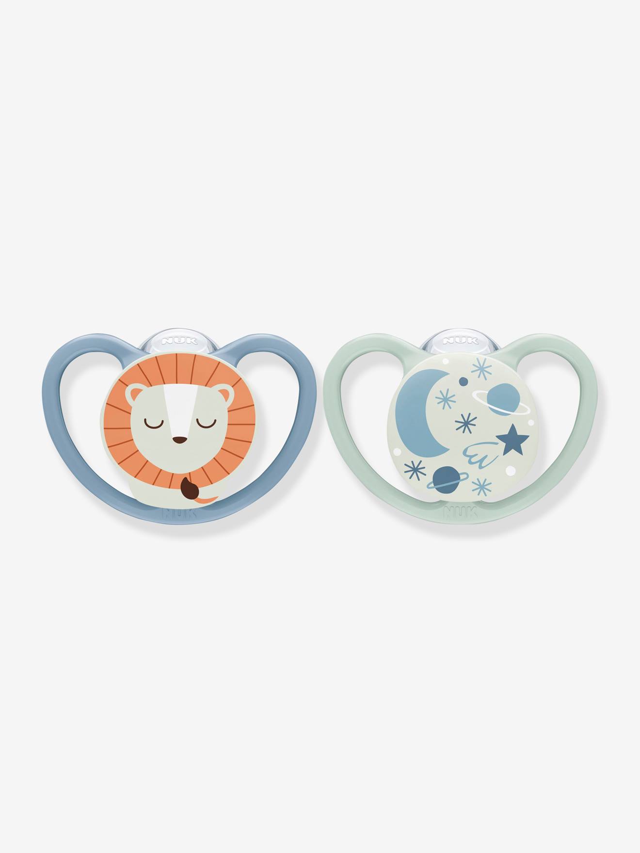 Lot de 2 sucettes physiologiques NUK Space Night en silicone taille 1 (0 à 6 mois)