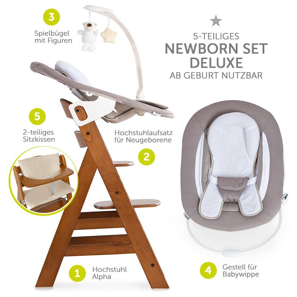 Hauck Hochstuhl Alpha Plus Walnut - Newborn Set (Set, 4 St), Holz Babystuhl ab Geburt inkl. Aufsatz für Neugeborene & Sitzauflage