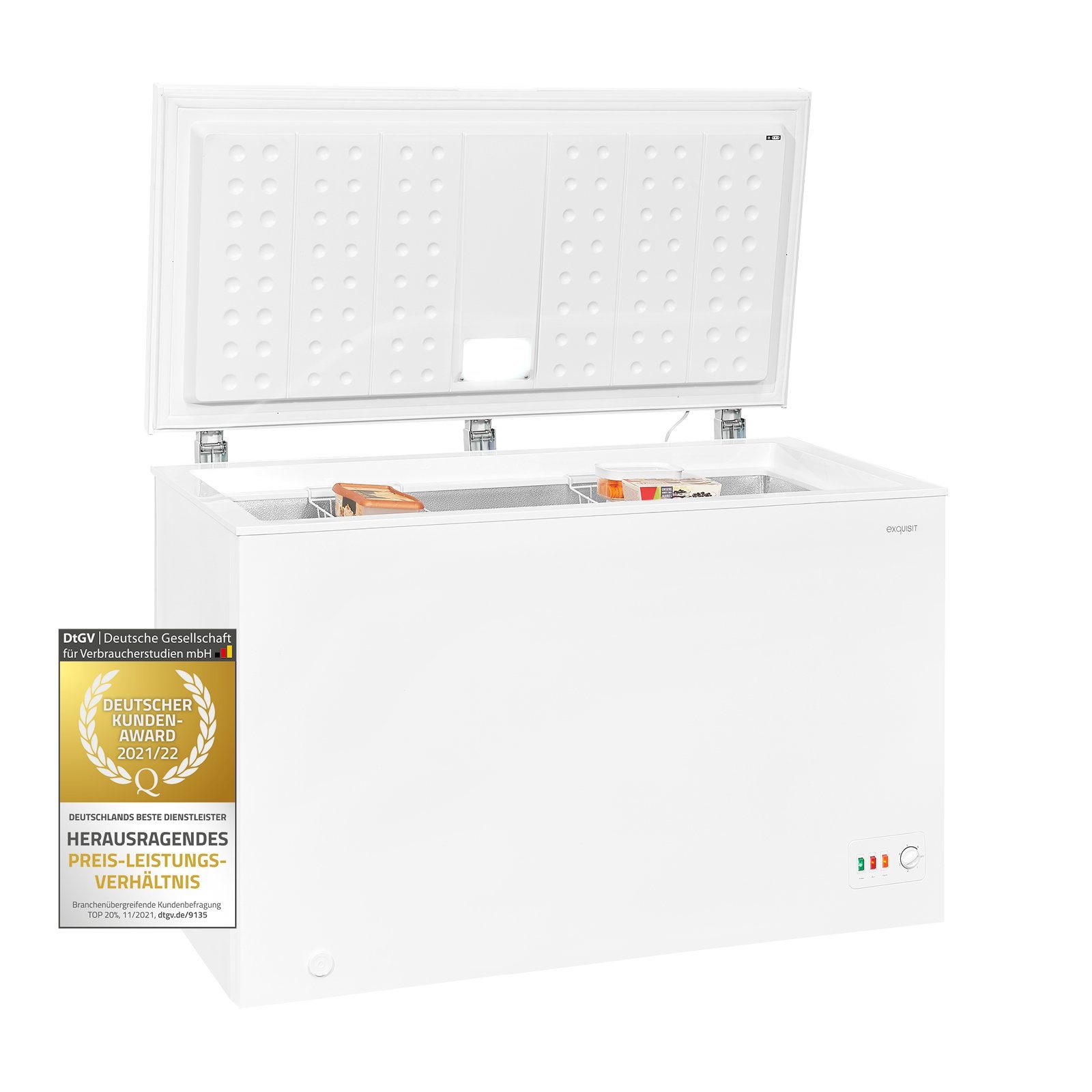 exquisit Gefriertruhe GT320-030D, 128.5 cm breit, 300 l, XXL-Gefriertruhe mit Thermostat und LED-Beleuchtung