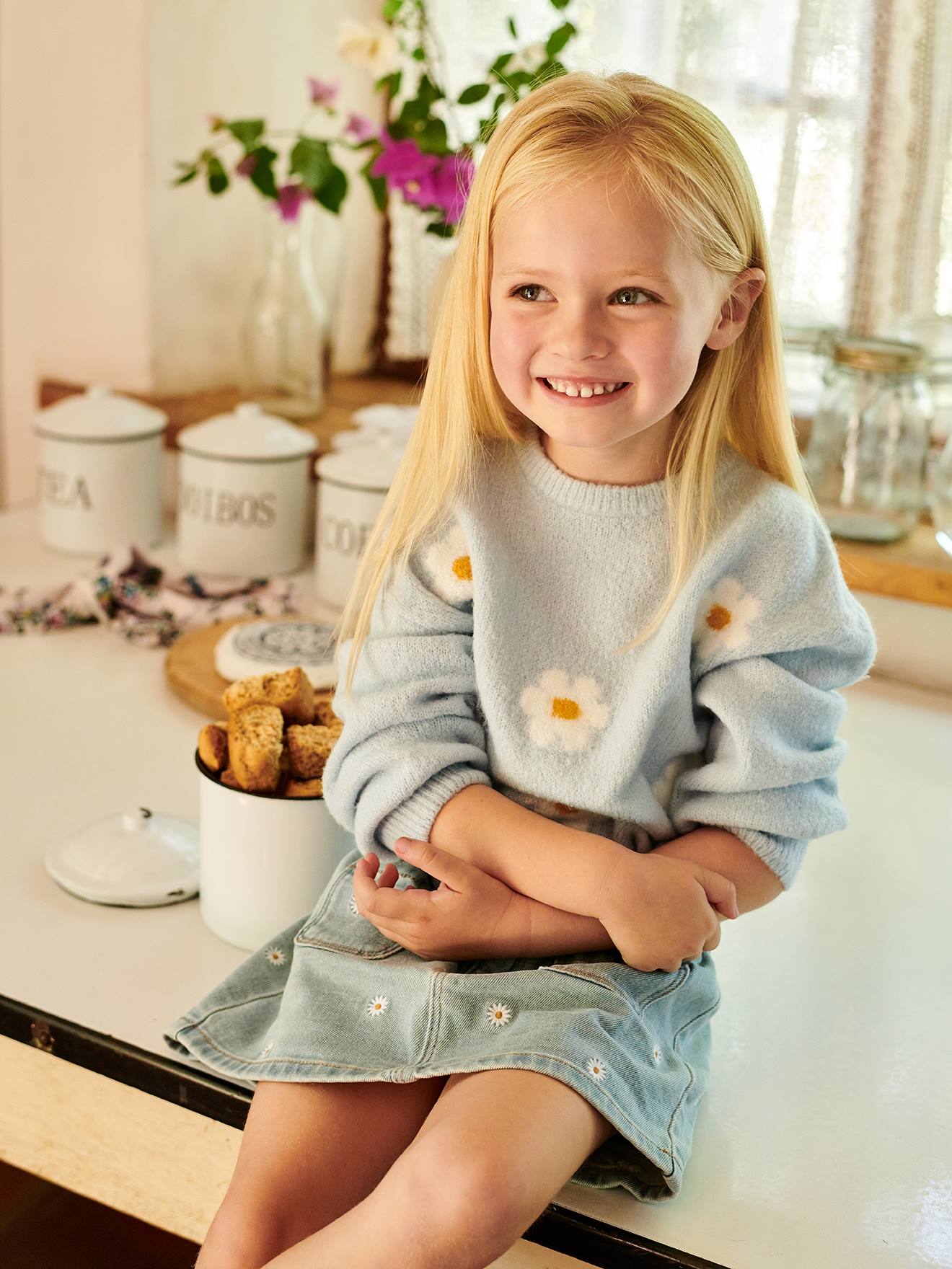 Pull jacquard duveteux fille rose