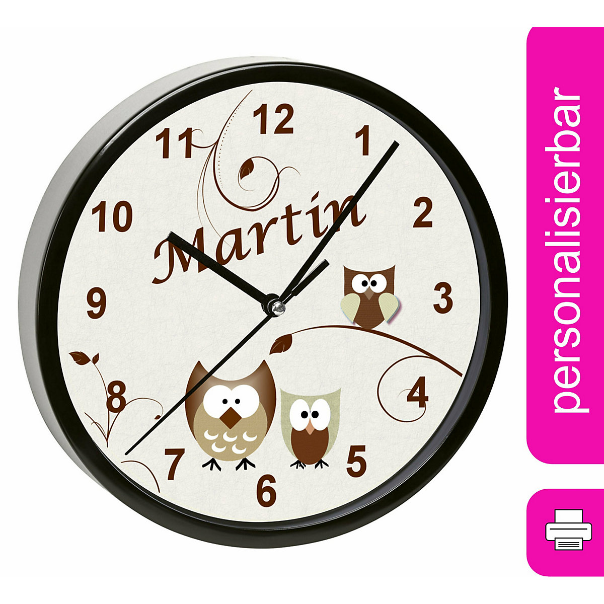 Kinder Wanduhr personalisiert mit Name Eule Beige