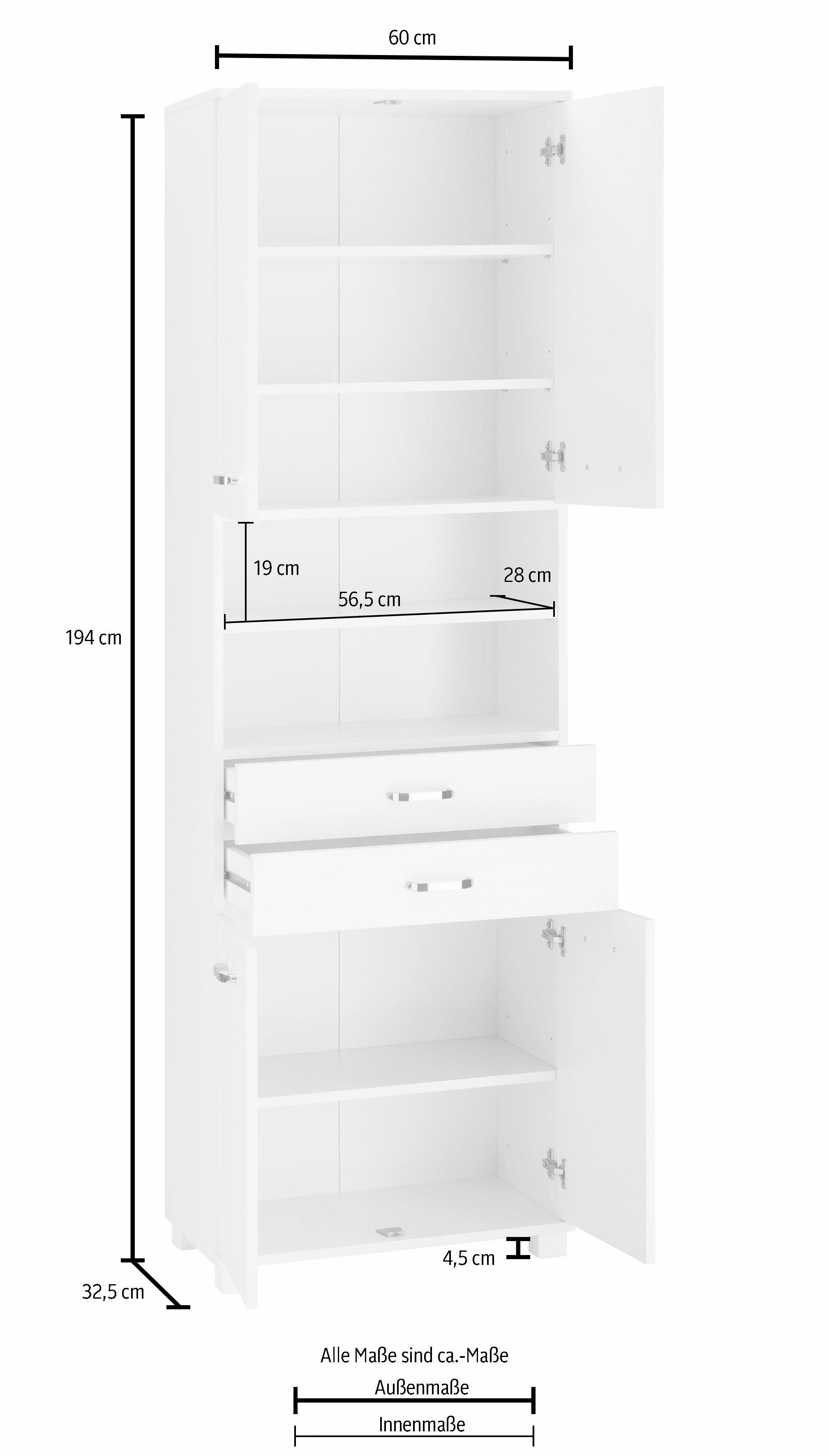 Schildmeyer Hochschrank Colli Breite 60 cm, Badezimmerschrank mit Metallgriffen, Ablageböden