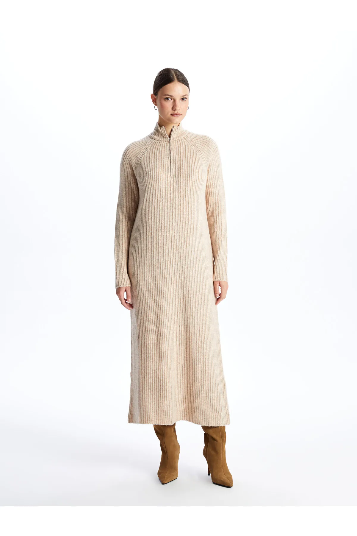 LC Waikiki  Einfarbiges, langärmliges Damen-Strickkleid mit hohem Kragen
