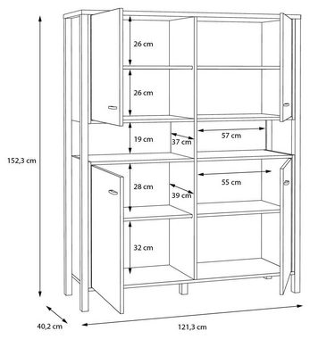 Forte Möbel Wohnwand Wohnwand HIGH ROCK 4-tlg. mit Beleuchtung Riviera Eiche Optik Schwarz, (Komplett-Set, 4-St., Highboard, Lowboard, Wandboard, Vitrine)