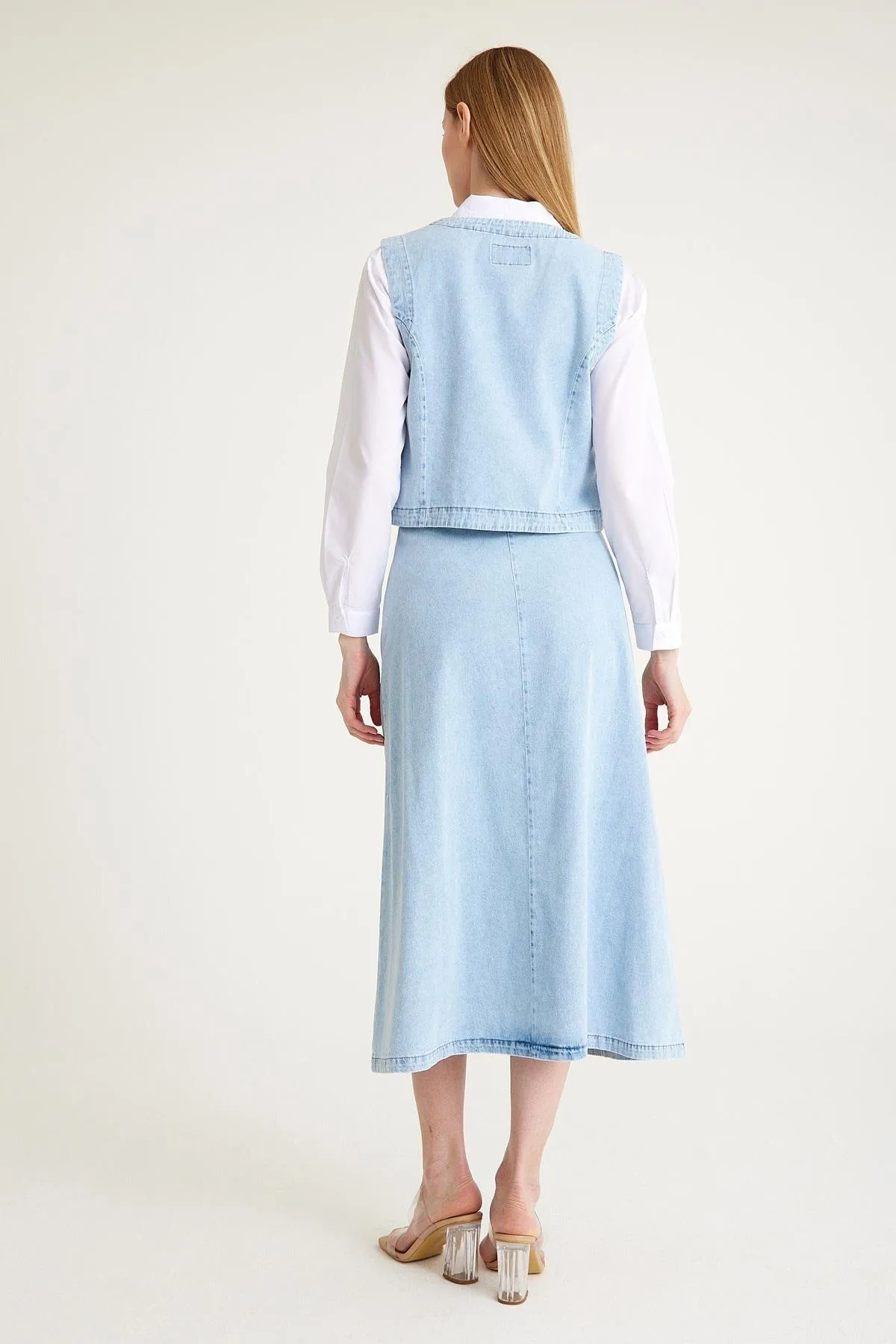Olcay  Set aus Weste, Hemd und Rock mit Schmucksteinen und Knöpfen, Dreifach-Jeansstoff, BLAU 9228-TK