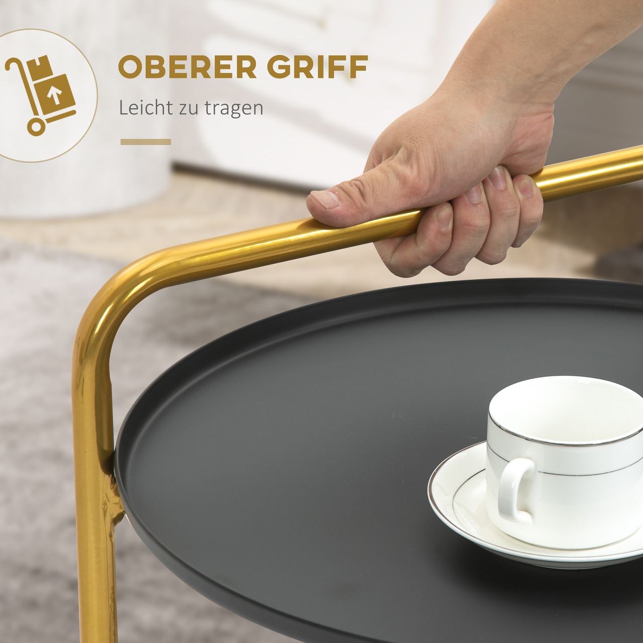 HOMCOM Beistelltisch 2-in-1 Design Rund Nachttisch Couchtisch mit Ablagen Serviertablett Industrie-Design Sofatisch Kaffeetisch für Schlafzimmer Wohnzimmer Stahl Schwarz Gold 43 x 45 x 61,5 cm