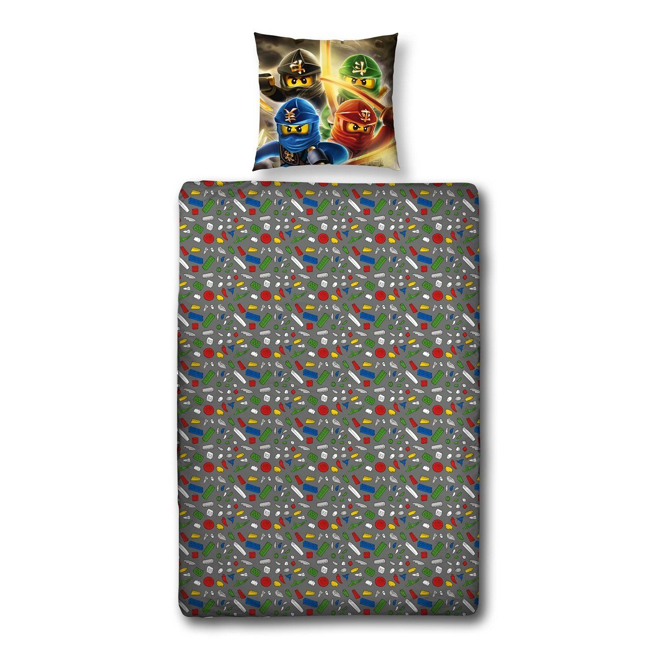 Kinderbettwäsche Lego Ninjago 135x200 + 80x80cm mit Reißverschluss aus 100% Baumwolle, Familando, Renforcé, 2 teilig, Motiv 