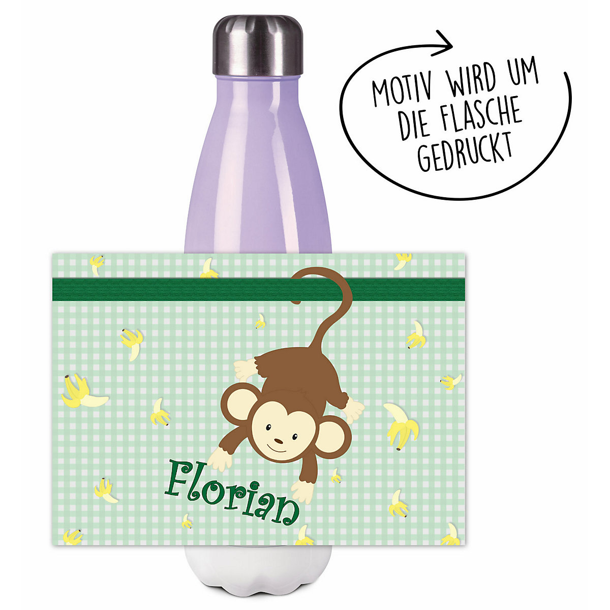 Edelstahl Kinder Thermoflasche / Trinkflasche bunt Affe hängend Farbe grün Spülmaschinenfest, Auslaufsicher, Bruchfest, Doppelwandig, Für Heißgetränke geeignet, Mit Deckel, Isoliert