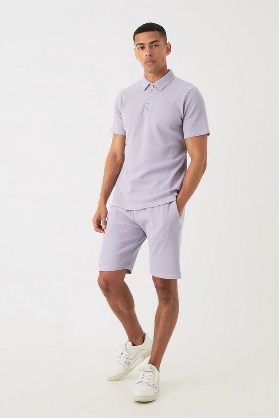 Slim-Fit Poloshirt & Shorts in Waffeloptik
