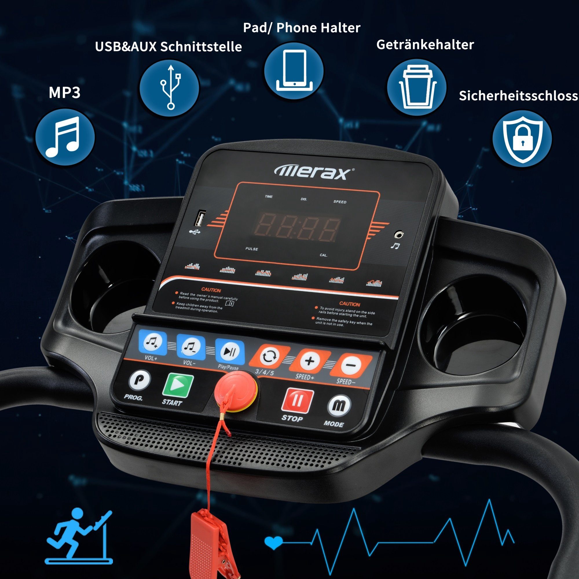 Merax Laufband faltbar mit Lautsprecher, Handpulsmessung und LED-Display, 12 automatische Programme, bis 12 km/h