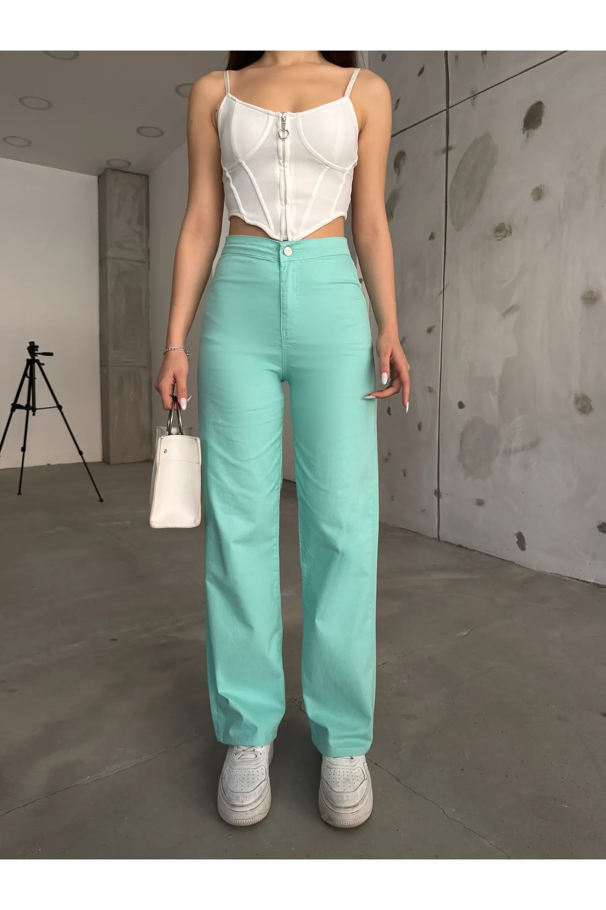 BİKELİFE  Mintgrüne Lycra-Palazzo-Hose mit hoher Taille für Damen
