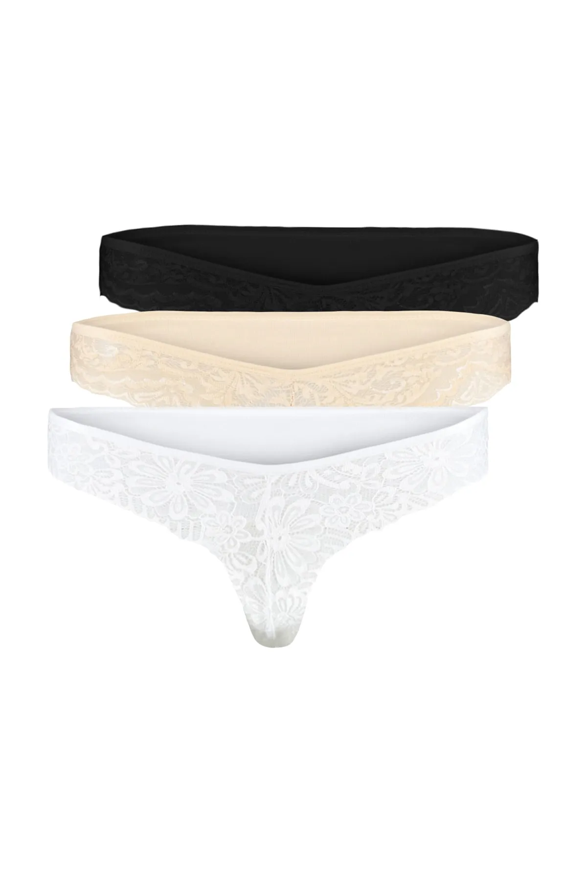 Trendyol Collection  Schwarz-Weiß-Haut 3er-Pack Spitzen-Tanga-Strickhöschen aus Baumwolle mit Details THMAW21KU0012
