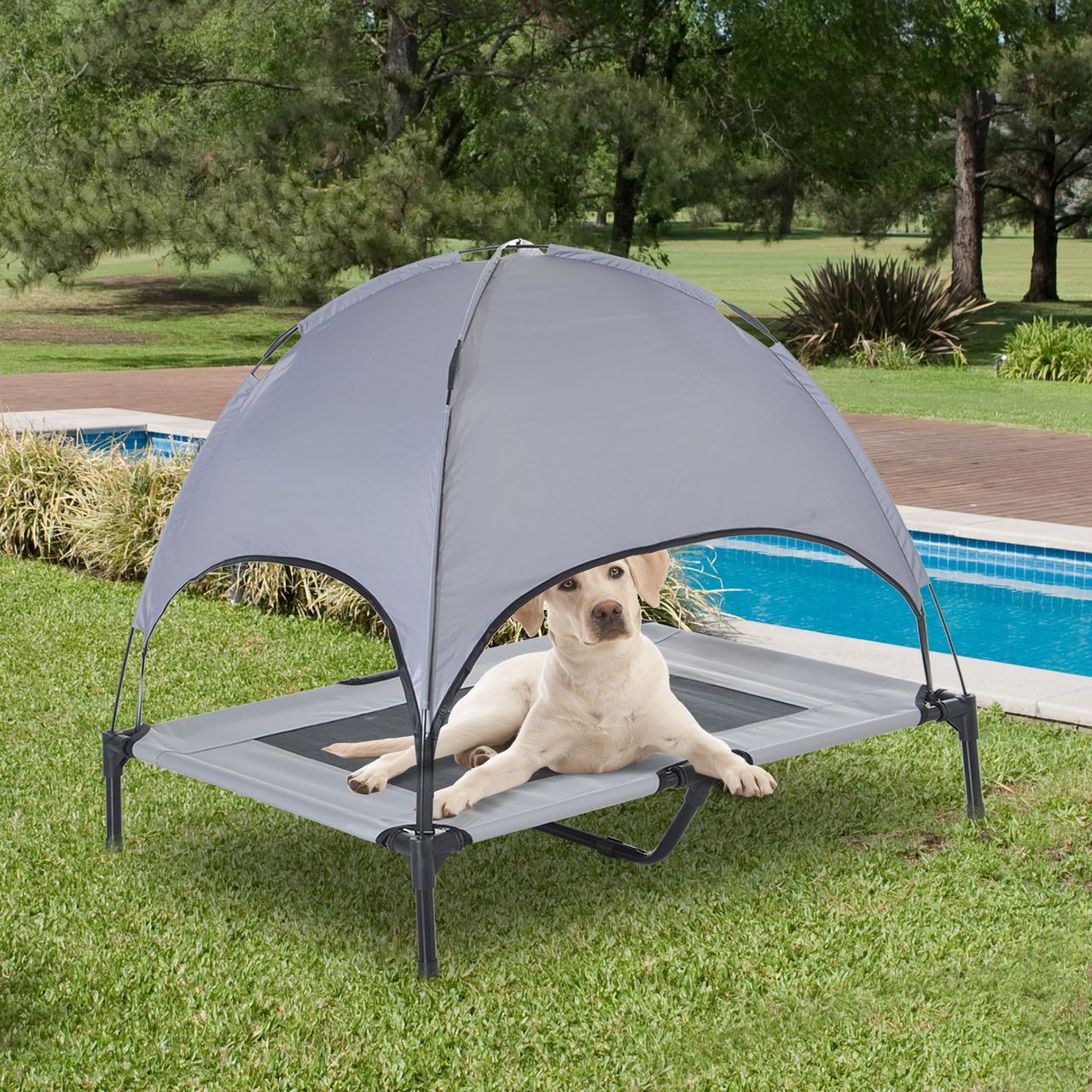 PawHut Haustierbett mit Baldachin Erhöhtes Hundebett Hundeliege outdoor Grau