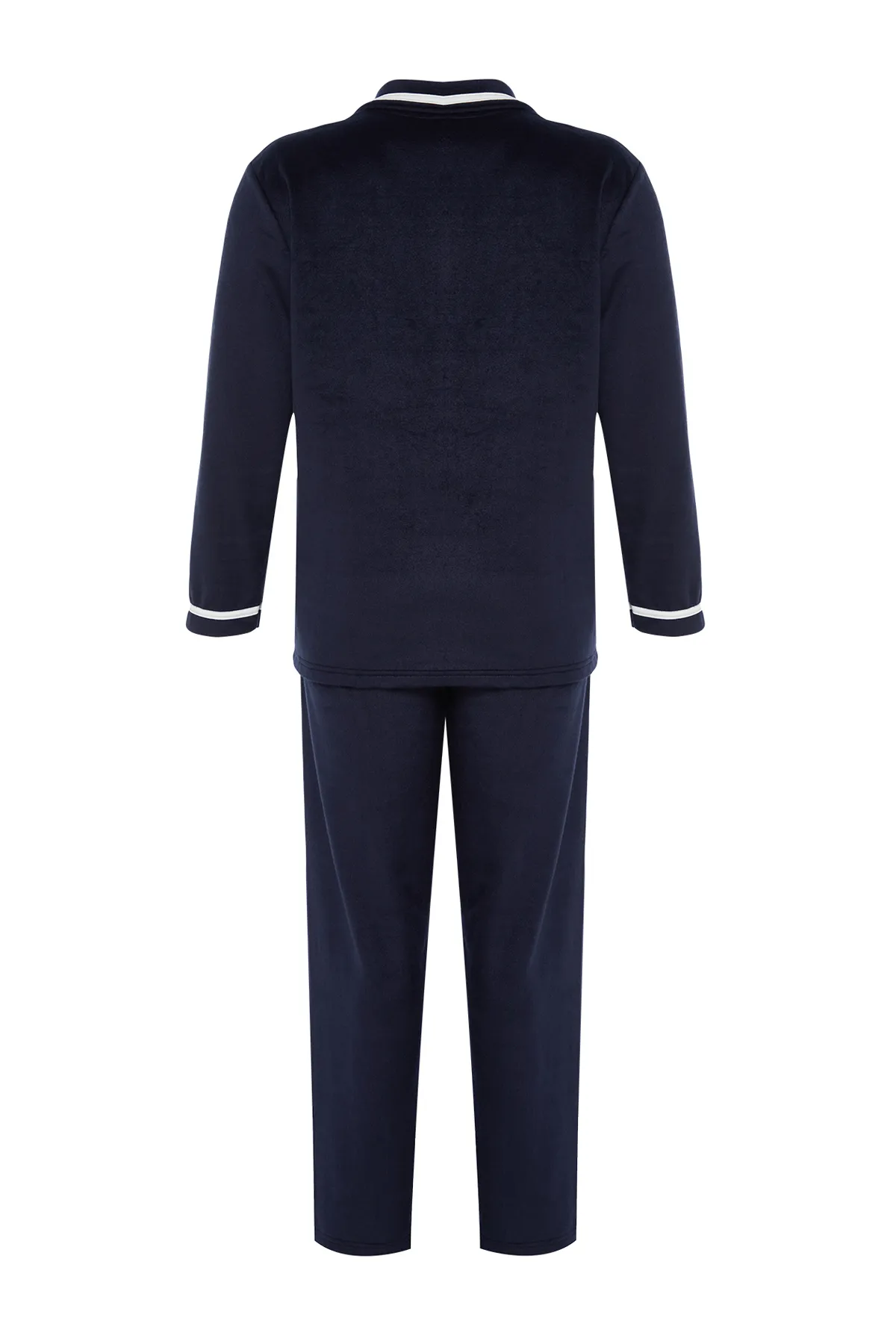 Trendyol Curve  Marineblaues Fleece-Schlafanzug-Set mit gestreiftem Strickmuster TBBAW24AI00041