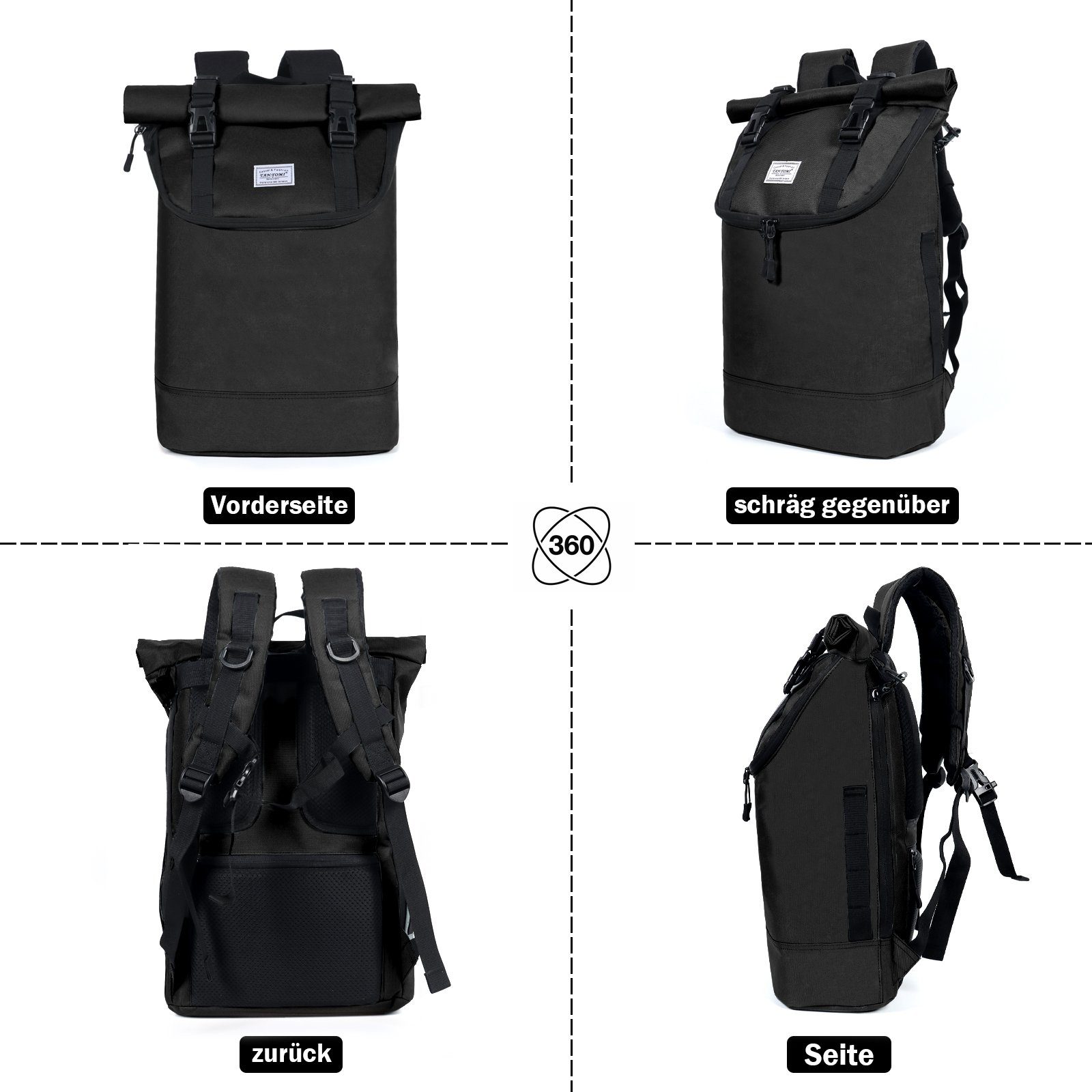 TAN.TOMI Laptoprucksack Rucksack Damen Herren Wasserdichter Leichter, Lässiger Rucksack, mit Laptopfach bis 17 zoll, Modern Rolltop Daypack