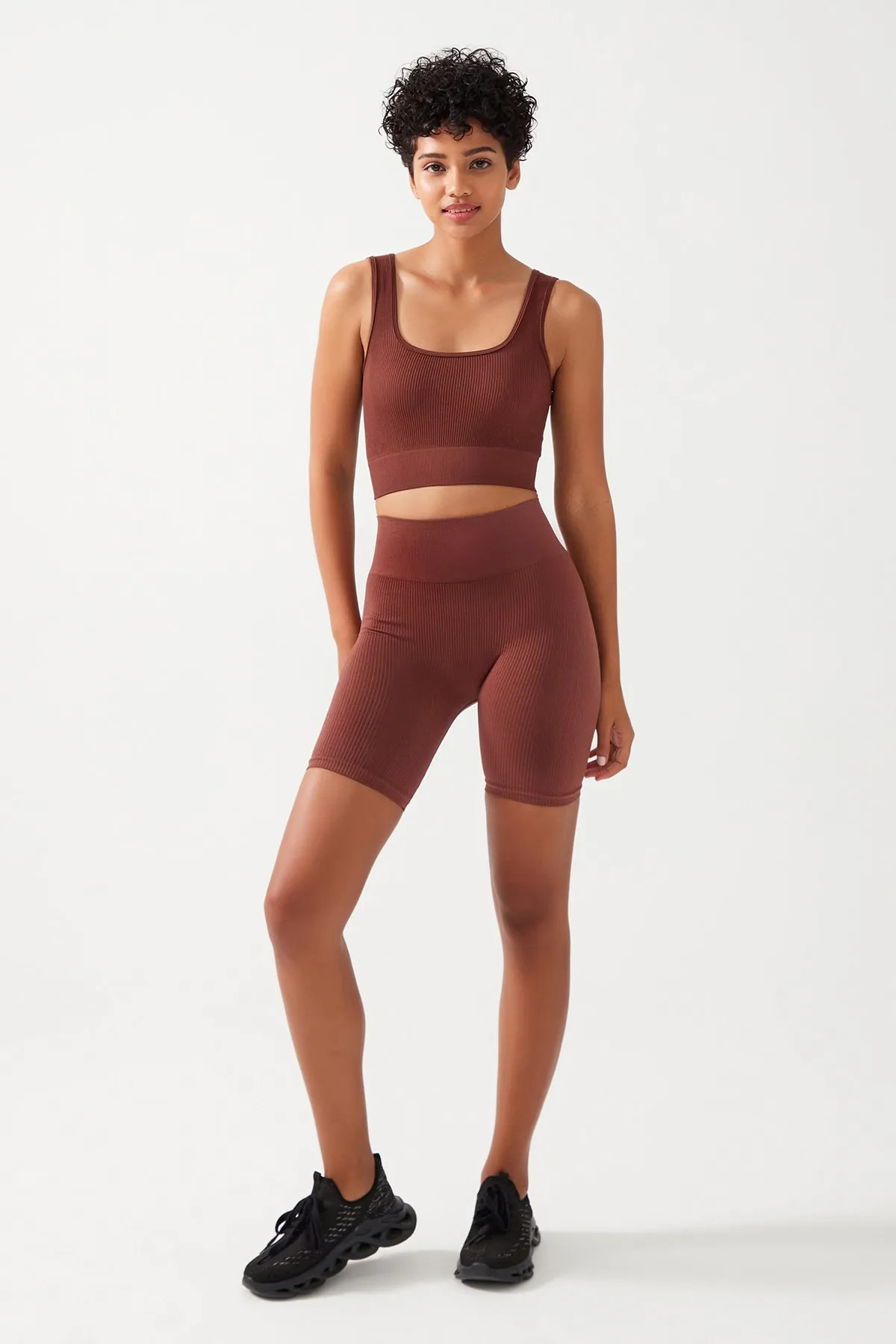 LOS OJOS  Braunes, geripptes, bauchfreies Bustier-Top mit quadratischem Ausschnitt für Damen