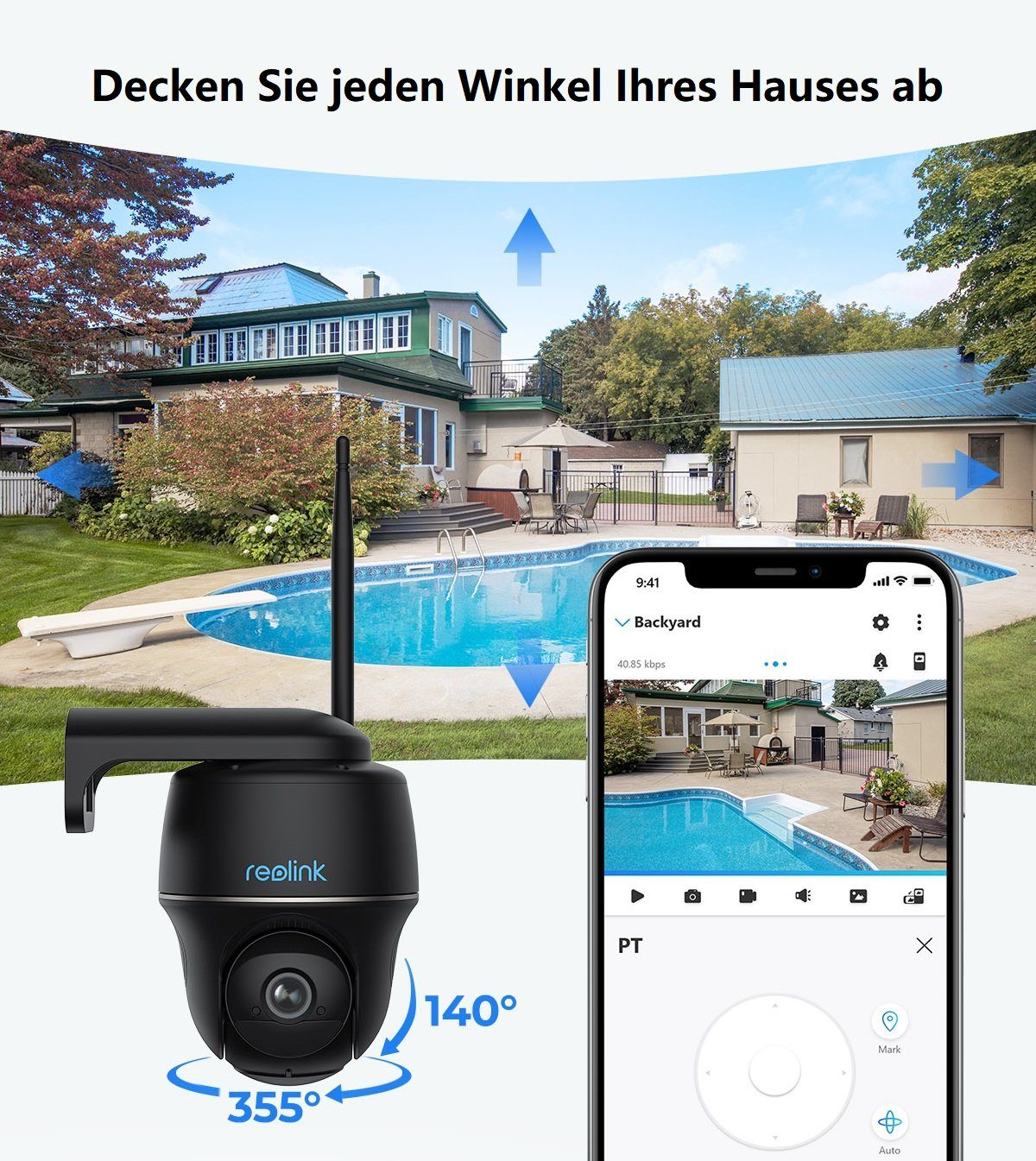 Reolink Argus PT Pro+SP 4MP PTZ Akku- oder solarbetriebene 2,4/5GHz WLAN IP Überwachungskamera (Außenbereich, PIR-Erkennung, IR-Nachtsicht, Could-Speicherung)