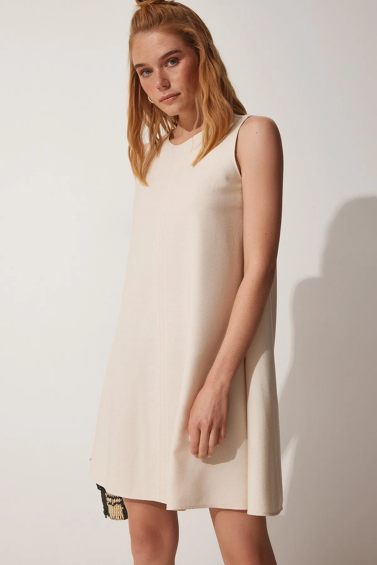 Happiness İstanbul  Cremefarbenes, gewebtes A-Linien-Sommerkleid für Damen BF00067