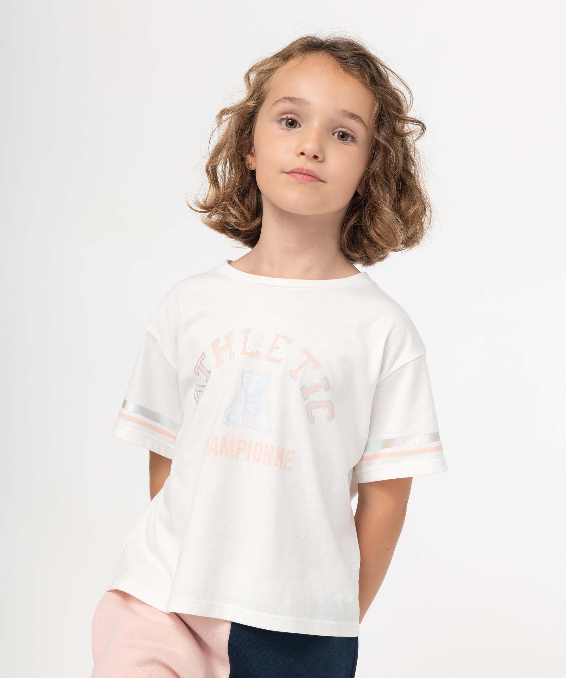Tee-shirt fille oversize à manches courtes et motif irisé ecru | GEMO